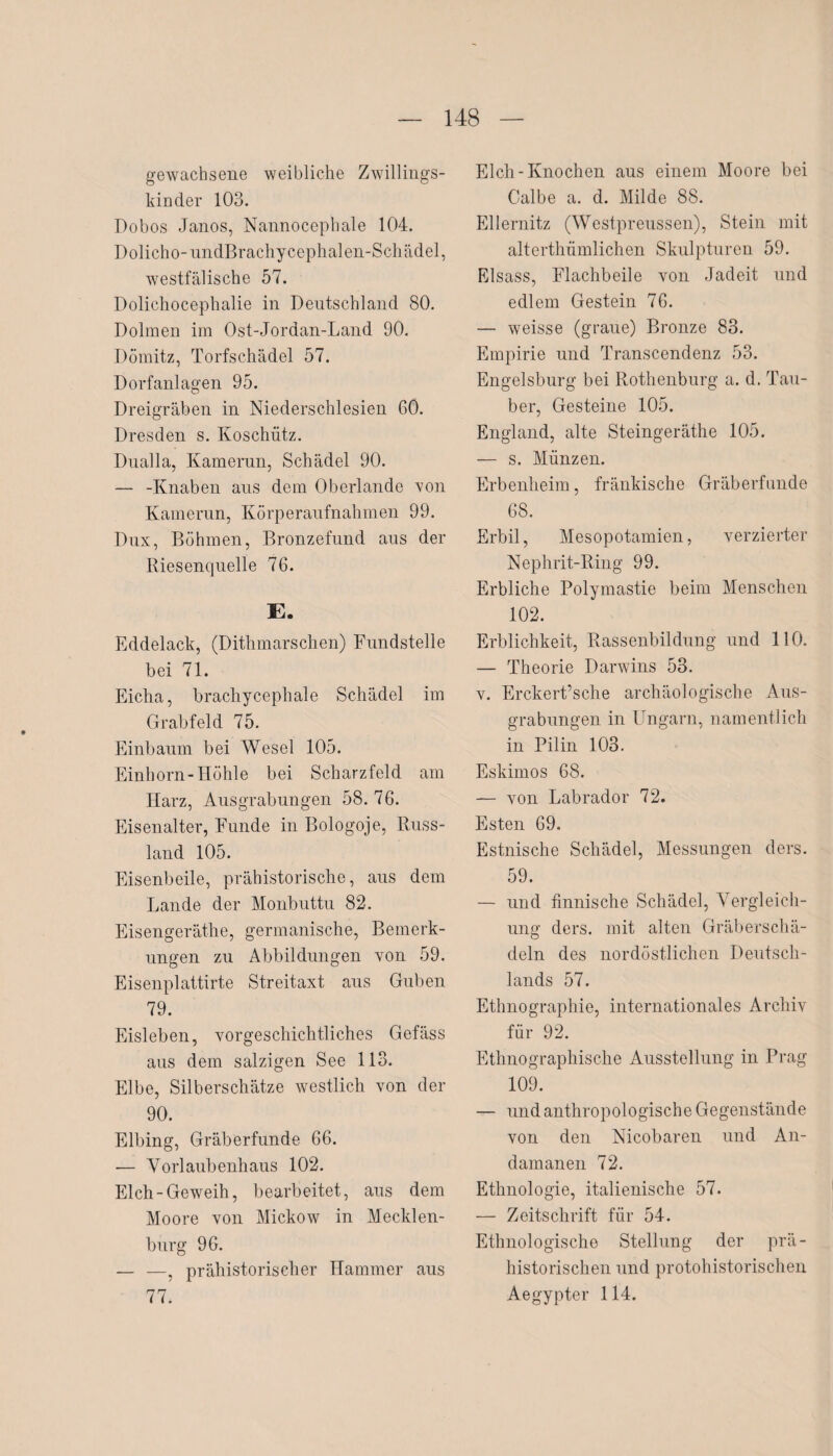 gewachsene weibliche Zwillings- kinder 103. Dobos Janos, Nannocephale 104. Dolicho-undBrachycephalen-Schädel, westfälische 57. Dolichocephalie in Deutschland 80. Dolmen im Ost-Jordan-Land 90. Dömitz, Torfschädel 57. Dorfanlagen 95. Dreigräben in Niederschlesien 60. Dresden s. Koschütz. Dualla, Kamerun, Schädel 90. — -Knaben aus dem Oberlande von Kamerun, Körperaufnahmen 99. Dux, Böhmen, Bronzefund aus der Riesenquelle 76. E. Eddelack, (Dithmarschen) Fundstelle bei 71. Eicha, brachycephale Schädel im Grabfeld 75. Einbaum bei Wesel 105. Einhorn-Höhle bei Scharzfeld am Harz, Ausgrabungen 58. 76. Eisenalter, Funde in Bologoje, Russ¬ land 105. Eisenbeile, prähistorische, aus dem Lande der Monbuttu 82. Eisengeräthe, germanische, Bemerk¬ ungen zu Abbildungen von 59. Eisenplattirte Streitaxt aus Guben 79. Eisleben, vorgeschichtliches Gefäss aus dem salzigen See 113. Elbe, Silberschätze westlich von der 90. Elbing, Gräberfunde 66. -— Vorlaubenhaus 102. Elch-Geweih, bearbeitet, aus dem Moore von Mickow in Mecklen¬ burg 96. — —, prähistorischer Hammer aus 77. Elch-Knochen aus einem Moore bei Calbe a. d. Milde 88. Ellernitz (Westpreussen), Stein mit alterthümlichen Skulpturen 59. Eisass, Flachbeile von Jadeit und edlem Gestein 76. — weisse (graue) Bronze 83. Empirie und Transcendenz 53. Engelsburg bei Rothenburg a. d. Tau¬ ber, Gesteine 105. England, alte Steingeräthe 105. — s. Münzen. Erbenheim, fränkische Gräberfunde 68. Erbil, Mesopotamien, verzierter Nephrit-Ring 99. Erbliche Polymastie beim Menschen 102. Erblichkeit, Rassenbildung und 110. — Theorie Darwins 53. v. Erckert’sche archäologische Aus¬ grabungen in Ungarn, namentlich in Pilin 103. Eskimos 68. — von Labrador 72. Esten 69. Estnische Schädel, Messungen ders. 59. — und finnische Schädel, Vergleich¬ ung ders. mit alten Gräberschä¬ deln des nordöstlichen Deutsch¬ lands 57. Ethnographie, internationales Archiv für 92. Ethnographische Ausstellung in Prag 109. — und anthropologische Gegenstände von den Nicobaren und An- damanen 72. Ethnologie, italienische 57. — Zeitschrift für 54. Ethnologische Stellung der prä¬ historischen und protohistorischen Aegypter 114.