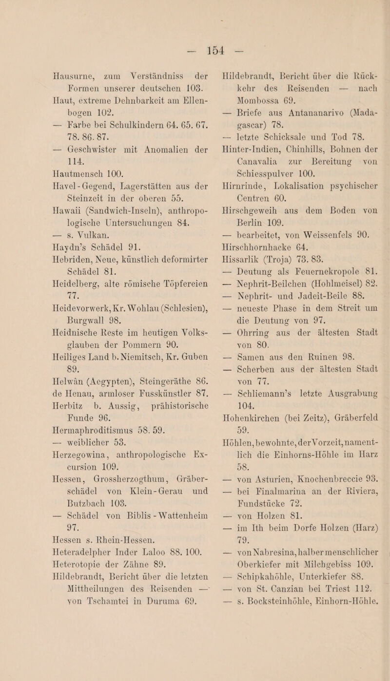 Hausurne, zum Verständniss der Formen unserer deutschen 103. Haut, extreme Dehnbarkeit am Ellen¬ bogen 102. — Farbe bei Schulkindern 64. 65. 67. 78. 86. 87. — Geschwister mit Anomalien der 114. Hautmensch 100. Havel-Gegend, Lagerstätten aus der Steinzeit in der oberen 55. Hawaii (Sandwich-Inseln), anthropo¬ logische Untersuchungen 84. •— s. Vulkan. Haydn’s Schädel 91. Hebriden, Neue, künstlich deformirter Schädel 81. Heidelberg, alte römische Töpfereien 77. Heidevorwerk, Kr. Wohlau (Schlesien), Burgwall 98. Heidnische Reste im heutigen Volks¬ glauben der Pommern 90. Heiliges Land b.Niemitsch, Kr. Guben 89. Ilelwän (Aegypten), Steingeräthe 86. de Henau, armloser Fusskünstler 87. Herbitz b. Aussig, prähistorische Funde 96. Hermaphroditismus 58. 59. — weiblicher 53. Herzegowina, anthropologische Ex- cursion 109. Hessen, Grossherzogthum, Gräber¬ schädel von Klein-Gerau und Butzbach 103. — Schädel von Biblis-Wattenheim 97. Hessen s. Rhein-Hessen. Heteradelpher Inder Laloo 88. 100. Heterotopie der Zähne 89. Hildebrandt, Bericht über die letzten Mittheilungen des Reisenden — von Tschamtei in Duruma 69. Hildebrandt, Bericht über die Rück¬ kehr des Reisenden — nach Mombossa 69. — Briefe aus Antananarivo (Mada- gascar) 78. — letzte Schicksale und Tod 78. Ilinter-Indien, Chinhills, Bohnen der Canavalia zur Bereitung von Schiesspulver 100. Hirnrinde, Lokalisation psychischer Centren 60. Hirschgeweih aus dem Boden von Berlin 109. — bearbeitet, von Weissenfels 90. Hirschhornhacke 64. Hissarlik (Troja) 73. 83. — Deutung als Feuernekropole 81. — Nephrit-Beilchen (Hohlmeisel) 82. — Nephrit- und Jadeit-Beile 88. — neueste Phase in dem Streit um die Deutung von 97. — Ohrring aus der ältesten Stadt von 80. — Samen aus den Ruinen 98. — Scherben aus der ältesten Stadt von 77. — Schliemann’s letzte Ausgrabung 104. Hohenkirchen (bei Zeitz), Gräberfeld 59. Höhlen, bewohnte, derVorzeit,nament¬ lich die Einhorns-Höhle im Harz 58. — von Asturien, Knochenbreccie 93. — bei Finalmarina an der Riviera, Fundstücke 72. — von Holzen 81. — im Ith beim Dorfe Holzen (Harz) 79. — von Nabresina, halber menschlicher Oberkiefer mit Milchgebiss 109. — Schipkahöhle, Unterkiefer 88. — von St. Canzian bei Triest 112. — s. Bocksteinhöhle, Einhorn-Höhle.