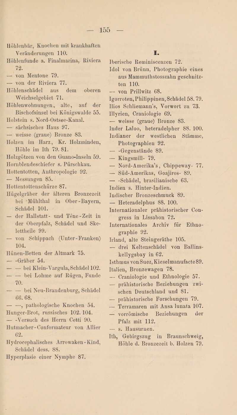 Höhlenbär, Knochen mit krankhaften Veränderungen 110. Höhlenfunde a. Finalmarina, Riviera 72. — von Mentone 79. — von der Riviera 77. Höhlenschädel aus dem oberen AVeichselgebiet 71. Höhlenwohnungen, alte, auf der Bischofsinsel bei Königswalde 55. Holstein s. Nord-Ostsee-Kanal. — sächsisches Haus 97. — weisse (graue) Bronze 83. Holzen im Harz, Kr. Holzminden, Höhle im Ith 79. 81. Holzgötzen von den Gnano-Inseln 59. Hornblendesehiefer s. Pürschkau. Hottentotten, Anthropologie 92. — Messungen 85. Hottentottenschürze 87. Hügelgräber der älteren Bronzezeit bei Mühlthal in Ober-Bayern, Schädel 101. — der Hallstatt- und Tene-Zeit in der Oberpfalz, Schädel und Ske¬ lettheile 99. — von Schippach (Unter-Franken) 104. Hünen-Betten der Altmark 75. — -Gräber 54. — —- bei Klein-Vargula, Schädel 102. — — bei Lohme auf Rügen, Funde 70. — — bei Neu-Brandenburg, Schädel 66. 68. — —, pathologische Knochen 54. Hunger-Brot, russisches 102. 104. — -Versuch des Herrn Cetti 90. Ilutmacher-Conformateur von Allier 62. Hydrocephalisches Arrowaken-Kind, Schädel dess. 88. Hyperplasie einer Nymphe 87. I. Iberische Ileminiscenzen 72. Idol von Brünn, Photographie eines aus Mammuthstosszahn geschnitz¬ ten 110. — von Prillwitz 68. Igorroten, Philippinen, Schädel 58. 79. Uios Schliemann’s, Vorwort zu 73. lllyrien, Craniologie 69. — weisse (graue) Bronze 83. Inder Laloo, heteradelpher 88. 100. Indianer der westlichen Stämme, Photographien 92. — -Gegenstände 89. — Kingsmill- 79. — Nord-Amerika’s, Chippeway- 77. — Süd-Amerikas, Goajiros- 89. — -Schädel, brasilianische 63. Indien s. Hinter-Indien. Indischer Bronzeschmuck 89. — Heteradelphus 88. 100. Internationaler prähistorischer Con- gress in Lissabon 72. Internationales Archiv für Ethno¬ graphie 92. Irland, alte Steingeräthe 105. — drei Keltenschädel von Ballins- kellygsbay in 62. Isthmus von Suez, Kieselmanufacte 89. Italien, Bronzewagen 78. — Craniologie und Ethnologie 57. — prähistorische Beziehungen zwi¬ schen Deutschland und 81. — prähistorische Forschungen 79. — Terramaren mit Ansa lunata 107. — vorrömische Beziehungen der Pfalz mit 112. — s. Hausurnen. Ith, Gebirgszug in Braunschweig, Höhle d. Bronzezeit b. Holzen 79.