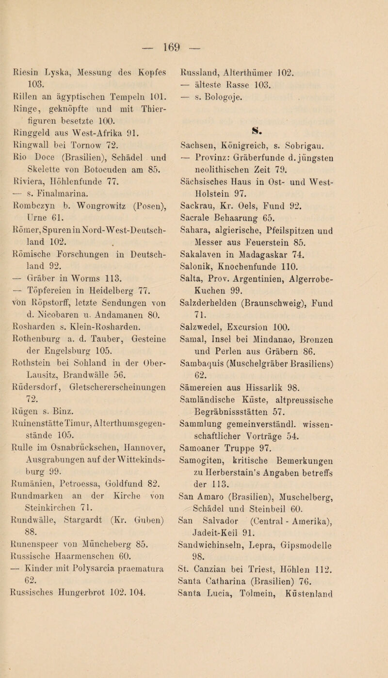 Riesin Lyska, Messung des Kopfes 103. Rillen an ägyptischen Tempeln 101. Ringe, geknöpfte und mit Thier¬ figuren besetzte 100. Ringgeld aus West-Afrika 91. Ringwall bei Tornow 72. Rio Doce (Brasilien), Schädel und Skelette von Botocuden am 85. Riviera, Höhlenfunde 77. — s. Finalmarina. Rombczyn b. Wongrowitz (Posen), Urne 61. Römer, Spuren in Nord-West-Deutsch¬ land 102. Römische Forschungen in Deutsch¬ land 92. — Gräber in Worms 113. — Töpfereien in Heidelberg 77. von Röpstorff, letzte Sendungen von d. Nicobaren u. Andamanen 80. Rosharden s. Klein-Rosharden. Rothenburg a. d. Tauber, Gesteine der Engelsburg 105. Rothstein bei Sohland in der Ober- Lausitz, Brandwälle 56. Rüdersdorf, Gletschererscheinungen 72. Rügen s. Binz. Ruinenstätte Timur, Alterthumsgegen¬ stände 105. Rulle im Osnabrückscheu, Hannover, Ausgrabungen auf der Wittekinds¬ burg 99. Rumänien, Petroessa, Goldfund 82. Rundmarken an der Kirche von Steinkirchen 71. Rundwälle, Stargardt (Kr. Guben) 88. Runenspeer von Müncheberg 85. Russische Haarmenschen 60. — Kinder mit Polysarcia praematura 62. Russisches Hungerbrot 102. 104. Russland, Alterthümer 102. — älteste Rasse 103. — s. Bologoje. S. Sachsen, Königreich, s. Sobrigau. — Provinz: Gräberfunde d. jüngsten neolithischen Zeit 79. Sächsisches Haus in Ost- und West- Holstein 97. Sackrau, Kr. Oels, Fund 92. Sacrale Behaarung 65. Sahara, algierische, Pfeilspitzen und Messer aus Feuerstein 85. Sakalaven in Madagaskar 74. Salonik, Knocbenfunde 110. Salta, Prov. Argentinien, Algerrobe- Kuchen 99. Salzderhelden (Braunschweig), Fund 71. Saizwedel, Exeursion 100. Samal, Insei bei Mindanao, Bronzen und Perlen aus Gräbern 86. Sambaquis (Muschelgräber Brasiliens) 62. Sämereien aus Hissarlik 98. Samländische Küste, altpreussische Begräbnisstätten 57. Sammlung gemeinverständl. wissen¬ schaftlicher Vorträge 54. Samoaner Truppe 97. Samogiten, kritische Bemerkungen zu IUerberstain’s Angaben betreffs der 113. San Amaro (Brasilien), Muschelberg, Schädel und Steinbeil 60. San Salvador (Central - Amerika), Jadeit-Keil 91. Sandwichinseln, Lepra, Gipsmodelle 98. St. Canzian. bei Triest, Höhlen 112. Santa Catharina (Brasilien) 76. Santa Lucia, Tolraein, Küstenland