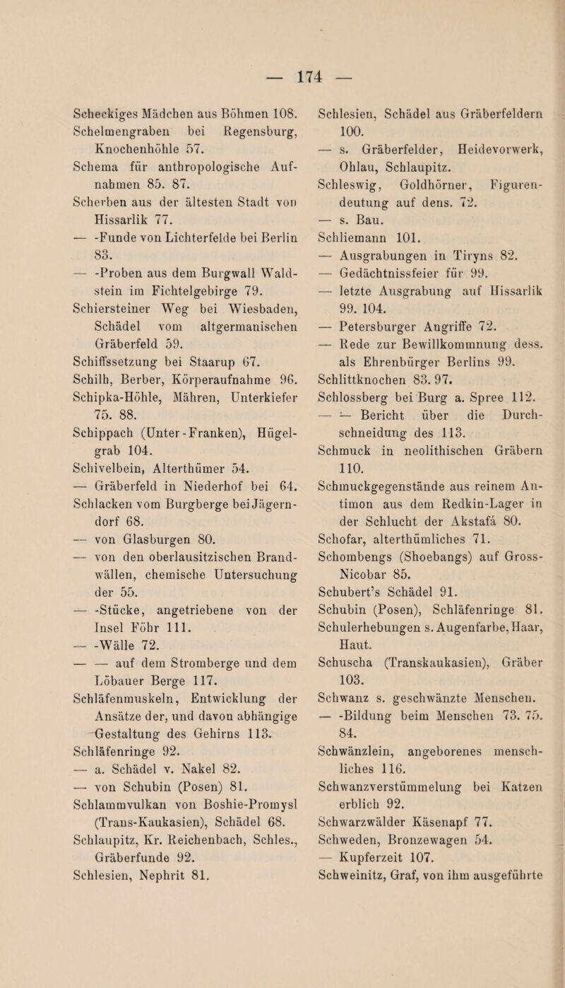 Scheckiges Mädchen aus Böhmen 108. Schelmengraben bei Regensburg, Knochenhöhle 57. Schema für anthropologische Auf¬ nahmen 85. 87. Scherben aus der ältesten Stadt von Hissarlik 77. — -Funde von Lichterfelde bei Berlin 83. — -Proben aus dem Burgwall Wald¬ stein im Fichtelgebirge 79. Schiersteiner Weg bei Wiesbaden, Schädel vom altgermanischen Gräberfeld 59. Schiffssetzung bei Staarup 67. Schilh, Berber, Körperaufnahme 96. Schipka-Höhle, Mähren, Unterkiefer 75. 88. Schippach (Unter-Franken), Hügel¬ grab 104. Schivelbein, Alterthümer 54. — Gräberfeld in Niederhof bei 64. Schlacken vom Burgberge bei Jägern- dorf 68. — von Glasburgen 80. — von den oberlausitzischen Brand¬ wällen, chemische Untersuchung der 55. — -Stücke, angetriebene von der Insel Föhr 111. — -Wälle 72. — — auf dem Stromberge und dem Löbauer Berge 117. Schläfenmuskeln, Entwicklung der Ansätze der, und davon abhängige Gestaltung des Gehirns 113. Schläfenringe 92. — a. Schädel v. Nakel 82. — von Schubin (Posen) 81. Schlammvulkan von Boshie-Promysl (Trans-Kaukasien), Schädel 68. Schlaupitz, Kr. Reichenbach, Schles., Gräberfunde 92. Schlesien, Nephrit 81. Schlesien, Schädel aus Gräberfeldern 100. — s. Gräberfelder, Heidevorwerk, Ohlau, Schlaupitz. Schleswig, Goldhörner, Figuren¬ deutung auf dens. 72. — s. Bau. Schliemann 101. — Ausgrabungen in Tiryns 82. — Gedächtnisfeier für 99. — letzte Ausgrabung auf Hissarlik 99. 104. — Petersburger Angriffe 72. — Rede zur Bewdllkommnung dess. als Ehrenbürger Berlins 99. Schlittknochen 83. 97. Schlossberg bei Burg a. Spree 112. — — Bericht über die Durch¬ schneidung des 113. Schmuck in neolithischen Gräbern 110. Schmuckgegenstände aus reinem An¬ timon aus dem Reclkin-Lager in der Schlucht der Akstafä 80. Schofar, alterthümliches 71. Schombengs (Shoebangs) auf Gross- Nicobar 85. Schubert’s Schädel 91. Schubin (Posen), Schläfenringe 81. Schulerhebungen s. Augenfarbe,Haar, Haut. Schuscha (Transkaukasien), Gräber 103. Schwanz s. geschwänzte Menschen. — -Bildung beim Menschen 73. 75. 84. Schwänzlein, angeborenes mensch¬ liches 116. Schwanzverstümmelung bei Katzen erblich 92. Schwarzwälder Käsenapf 77. Schweden, Bronzewagen 54. — Kupferzeit 107. Schweinitz, Graf, von ihm ausgeführte