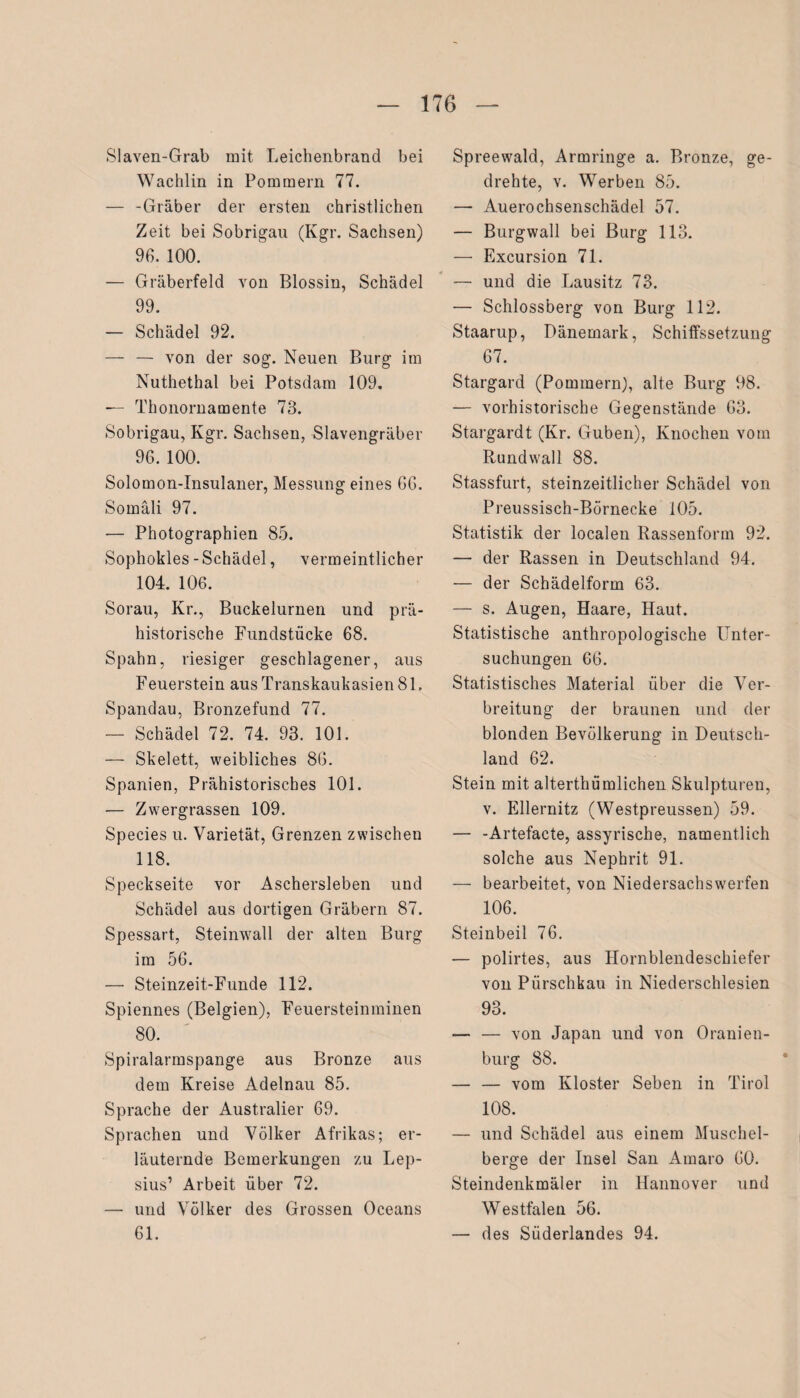 Slaven-Grab mit Leichenbrand bei Wachlin in Pommern 77. — -Gräber der ersten christlichen Zeit bei Sobrigau (Kgr. Sachsen) 96. 100. — Gräberfeld von Blossin, Schädel 99. — Schädel 92. — — von der sog. Neuen Burg im Nuthethal bei Potsdam 109. — Thonornamente 73. Sobrigau, Kgr. Sachsen, Slavengräber 96. 100. Solomon-Insulaner, Messung eines 66. Somali 97. — Photographien 85. Sophokles - Schädel, vermeintlicher 104. 106. Sorau, Kr., Buckelurnen und prä¬ historische Fundstücke 68. Spahn, riesiger geschlagener, aus Feuerstein aus Transkaukasien 81. Spandau, Bronzefund 77. — Schädel 72. 74. 93. 101. — Skelett, weibliches 86. Spanien, Prähistorisches 101. -— Zwergrassen 109. Species u. Varietät, Grenzen zwischen 118. Speckseite vor Aschersleben und Schädel aus dortigen Gräbern 87. Spessart, Steinwall der alten Burg im 56. — Steinzeit-Funde 112. Spiennes (Belgien), Feuersteinminen 80. Spiralarmspange aus Bronze aus dem Kreise Adelnau 85. Sprache der Australier 69. Sprachen und Völker Afrikas; er¬ läuternde Bemerkungen zu Lep- sius’ Arbeit über 72. — und Völker des Grossen Oceans 61. Spreewald, Armringe a. Bronze, ge¬ drehte, v. Werben 85. — Auerochsenschädel 57. — Burgwall bei Burg 113. — Excursion 71. — und die Lausitz 73. — Schlossberg von Burg 112. Staarup, Dänemark, Schilfssetzung 67. Stargard (Pommern), alte Burg 98. — vorhistorische Gegenstände 63. Stargardt (Kr. Guben), Knochen vom Rundwall 88. Stassfurt, steinzeitlicher Schädel von Preussisch-Börnecke 105. Statistik der localen Rassenform 92. — der Rassen in Deutschland 94. — der Schädelform 63. — s. Augen, Haare, Haut. Statistische anthropologische Unter¬ suchungen 66. Statistisches Material über die Ver¬ breitung der braunen und der blonden Bevölkerung in Deutsch¬ land 62. Stein mit alterthümlichen Skulpturen, v. Ellernitz (Westpreussen) 59. — -Artefacte, assyrische, namentlich solche aus Nephrit 91. — bearbeitet, von Niedersachswerfen 106. Steinbeil 76. — polirtes, aus Llornblendeschiefer von Pürschkau in Niederschlesien 93. — — von Japan und von Oranien¬ burg 88. — — vom Kloster Sehen in Tirol 108. — und Schädel aus einem Muschel¬ berge der Insel San Amaro 60. Steindenkmäler in Hannover und Westfalen 56. — des Siiderlandes 94.