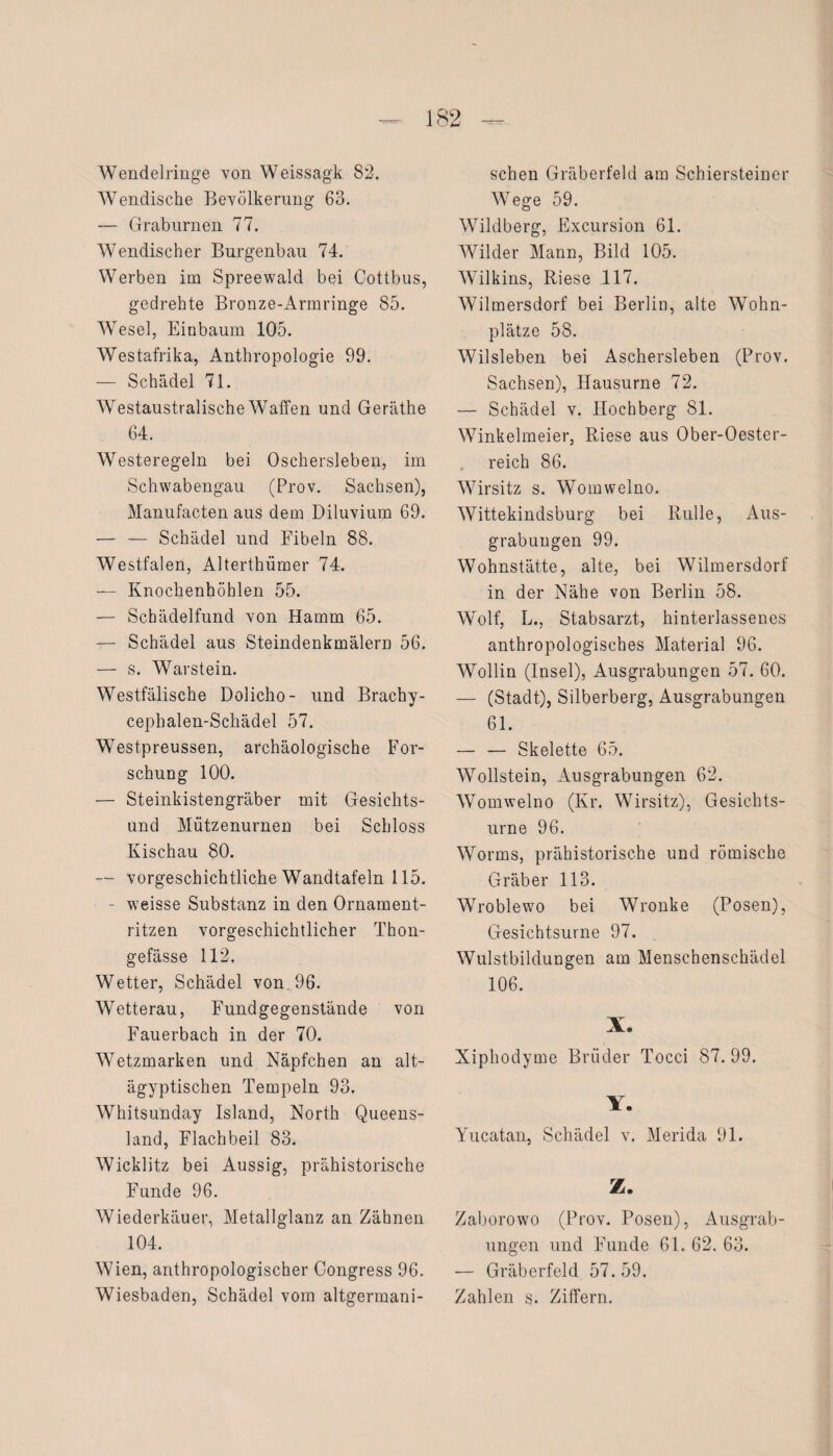 Wendelringe von Weissagk 82. Wendische Bevölkerung 63. — Grabnrnen 77. Wendischer Burgenbau 74. Werben im Spreewald bei Cottbus, gedrehte Bronze-Armringe 85. Wesel, Einbaum 105. Westafrika, Anthropologie 99. — Schädel 71. Westaustralische Waffen und Geräthe 64. Westeregeln bei Oschersleben, im Schwabengau (Prov. Sachsen), Manufacten aus dem Diluvium 69. — — Schädel und Fibeln 88. Westfalen, Alterthümer 74. — Knochenhöhlen 55. — Schädelfund von Hamm 65. — Schädel aus Steindenkmälern 56. — s. Warstein. Westfälische Dolicho- und Brachy- cephalen-Schädel 57. Westpreussen, archäologische For¬ schung 100. — Steinkistengräber mit Gesichts¬ und Mützenurnen bei Schloss Kischau 80. — vorgeschichtliche Wandtafeln 115. - weisse Substanz in den Ornament¬ ritzen vorgeschichtlicher Thon- gefässe 112. Wetter, Schädel von 96. Wetterau, Fundgegenstände von Fauerbach in der 70. Wetzmarken und Näpfchen an alt¬ ägyptischen Tempeln 93. Whitsunday Island, North Queens¬ land, Flachbeil 83. Wicklitz bei Aussig, prähistorische Funde 96. Wiederkäuer, Metallglanz an Zähnen 104. Wien, anthropologischer Congress 96. Wiesbaden, Schädel vom altgermani¬ schen Gräberfeld am Schiersteiuer Wege 59. Wildberg, Excursion 61. Wilder Mann, Bild 105. Wilkins, Riese 117. Wilmersdorf bei Berlin, alte Wohn- plätze 58. Wilsleben bei Aschersleben (Prov, Sachsen), Hausurne 72. — Schädel v. Hochberg 81. Winkelmeier, Riese aus Ober-Oester- reich 86. Wirsitz s. Womwelno. Wittekindsburg bei Rulle, Aus¬ grabungen 99. Wohnstätte, alte, bei Wilmersdorf in der Nähe von Berlin 58. Wolf, L., Stabsarzt, hinterlassenes anthropologisches Material 96. Wollin (Insel), Ausgrabungen 57. 60. — (Stadt), Silberberg, Ausgrabungen 61. — — Skelette 65. Wollstein, Ausgrabungen 62. Womwelno (Kr. Wirsitz), Gesichts¬ urne 96. Worms, prähistorische und römische Gräber 113. Wroblewo bei Wronke (Posen), Gesichtsurne 97. Wulstbildungen am Menschenschädel 106. X. Xiphodyme Brüder Tocci 87. 99. Y. Yucatan, Schädel v. Merida 91. Z. Zaborowo (Prov. Posen), Ausgrab¬ ungen und Funde 61. 62. 63. — Gräberfeld 57. 59. Zahlen s. Ziffern.