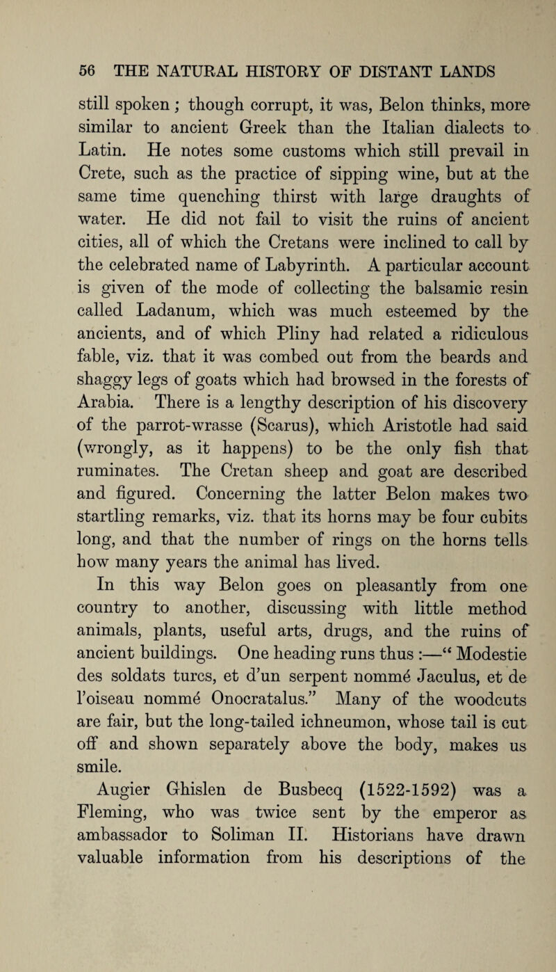 still spoken ; though corrupt, it was, Belon thinks, more similar to ancient Greek than the Italian dialects to Latin. He notes some customs which still prevail in Crete, such as the practice of sipping wine, but at the same time quenching thirst with large draughts of water. He did not fail to visit the ruins of ancient cities, all of which the Cretans were inclined to call by the celebrated name of Labyrinth. A particular account is given of the mode of collecting the balsamic resin called Ladanum, which was much esteemed by the ancients, and of which Pliny had related a ridiculous fable, viz. that it was combed out from the beards and shaggy legs of goats which had browsed in the forests of Arabia. There is a lengthy description of his discovery of the parrot-wrasse (Scarus), which Aristotle had said (wrongly, as it happens) to be the only fish that ruminates. The Cretan sheep and goat are described and figured. Concerning the latter Belon makes two startling remarks, viz. that its horns may be four cubits long, and that the number of rings on the horns tells how many years the animal has lived. In this way Belon goes on pleasantly from one country to another, discussing with little method animals, plants, useful arts, drugs, and the ruins of ancient buildings. One heading runs thus :—“ Modestie des soldats turcs, et d’un serpent nomme Jaculus, et de l’oiseau nomme OnocratalusMany of the woodcuts are fair, but the long-tailed ichneumon, whose tail is cut off and shown separately above the body, makes us smile. Augier Ghislen de Busbecq (1522-1592) was a Fleming, who was twice sent by the emperor as ambassador to Soliman II. Historians have drawn valuable information from his descriptions of the