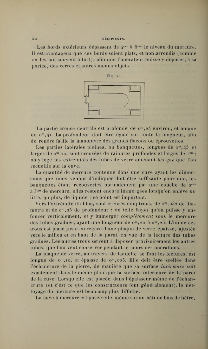 Les bords extérieurs dépassent de 4cm à 5cm le niveau du mercure. H est avantageux que ces bords soient plats, et non .arrondis (comme on les fait souvent à tort); afin que l’opérateur puisse y déposer, à sa portée, des verres et autres menus objets. Fig. 21. La partie creuse centrale est profonde de om,2Zj environ, et longue de om,4i. La profondeur doit être égale sur toute la longueur, afin de rendre facile la manœuvre des grands flacons ou éprouvettes. Les parties latérales pleines, ou banquettes, longues de om, 45 et larges de om,io, sont creusées de rainures profondes et larges de icm; on y loge les extrémités des tubes de verre amenant les gaz que l’on recueille sur la cuve. La quantité de mercure contenue dans une cuve ayant les dimen¬ sions que nous venons d’indiquer doit être suffisante pour que, les banquettes étant recouvertes normalement par une couche de 2cm à 3cm de mercure, elles restent encore immergées lorsqu’on enlève un litre, ou plus, de liquide : ce point est important. Vers l’extrémité du bloc, sont creusés cinq trous, de om,o32 de dia¬ mètre et de om,25 de profondeur : de telle façon qu’on puisse y en¬ foncer verticalement, et y immerger complètement sous le mercure des tubes gradués, ayant une longueur de om,2o à om,25. L’un de ces trous est placé juste en regard d’une plaque de verre épaisse, ajustée vers le milieu et en haut de la paroi, en vue de la lecture des tubes gradués. Les autres trous servent à déposer provisoirement les autres tubes, que l’on veut conserver pendant le cours des opérations. La plaque de verre, au travers de laquelle se font les lectures, est longue de om,io, et épaisse de om,oo5. Elle doit être scellée dans l’échancrure de la pierre, de manière que sa surface intérieure soit exactement dans le même plan que la surface intérieure de la paroi de la cuve. Lorsqu’elle est placée dans l’épaisseur même de l’échan¬ crure (et c’est ce que les constructeurs font généralement), le net¬ toyage du mercure est beaucoup plus difficile. La cuve à mercure est posée elle-même sur un bâti de bois de hêtre.