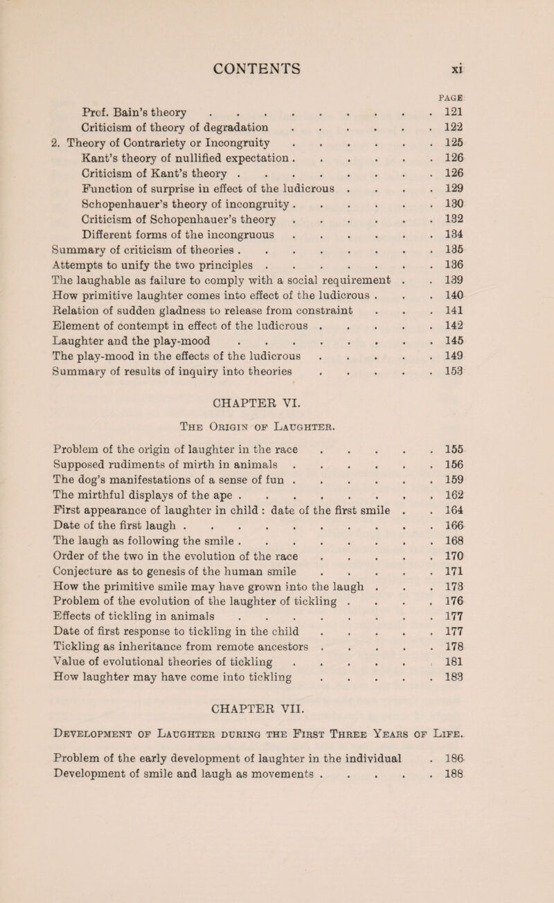 PAGE Prof. Bain’s theory.121 Criticism of theory of degradation ...... 122 2. Theory of Contrariety or Incongruity.125 Kant’s theory of nullified expectation.126 Criticism of Kant’s theory.126 Function of surprise in effect of the ludicrous .... 129 Schopenhauer’s theory of incongruity.180 Criticism of Schopenhauer’s theory.132 Different forms of the incongruous.134 Summary of criticism of theories.135 Attempts to unify the two principles.136 The laughable as failure to comply with a social requirement . . 139 How primitive laughter comes into effect of the ludicrous . . . 140 Relation of sudden gladness to release from constraint . . . 141 Element of contempt in effect of the ludicrous.142 Laughter and the play-mood.145 The play-mood in the effects of the ludicrous ..... 149 Summary of results of inquiry into theories.153 CHAPTER YI. The Origin of Laughter. Problem of the origin of laughter in the race.155 Supposed rudiments of mirth in animals.156 The dog’s manifestations of a sense of fun.159 The mirthful displays of the ape.162 First appearance of laughter in child : date of the first smile . . 164 Date of the first laugh.166 The laugh as following the smile.168 Order of the two in the evolution of the race.170 Conjecture as to genesis of the human smile.171 How the primitive smile may have grown into the laugh . . . 173 Problem of the evolution of the laughter of tickling . . . .176 Effects of tickling in animals.177 Date of first response to tickling in the child.177 Tickling as inheritance from remote ancestors.178 Value of evolutional theories of tickling. 181 How laughter may have come into tickling.183 CHAPTER VII. Development of Laughter during the First Three Years of Life.. Problem of the early development of laughter in the individual . 186 Development of smile and laugh as movements.188