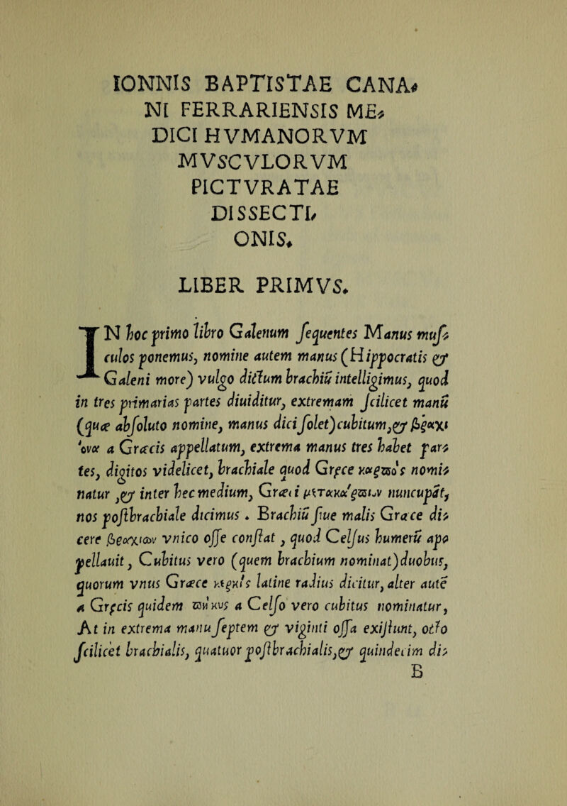 I0NN1S BAPTISTAE CANA# NI FERRARIENSIS ME# DICI HVMANORVM MVSCVLORVM PICTVRATAE DISSECTI, ONIS* LIBER PRIMVS, IN hoc primo libro Galenum fequentes M anus tnuft culos ponemus, nomine autem manus (Hippocratis & Galeni more) vulgo ditlumbrachiuintelligimus, quod in tres primarias partes diuiditur, extremam Jcilicet manti (quae abfoluto nominey manus dicifolet)cubitum W a Gracis appellatum, extrema manus tres habet part tes} digitos videlicet, brachiale quod Grpce wgvsos nomb natur }y inter hecmedium, Gr<miLvrocKxgmjv nuncupat, nos poftbracbiale dicimus ♦ Brachiu fwe malis Grace db cere /beofci&v vnico ojje confiat y quod Celjus humeru apo pellauit y Cubitus vero (quem brachium nominat)duobus, quorum vnus Gra?ce y.tgxfs latine radius dicitur, alter aute a Grfcis quidem mm a Celjo vero cubitus nominatur, At in extrema manufeptem viginti ojja exijiunt, odo Jcilicet brachialis} quatuorpofibrachialiSjgf quindecim db B