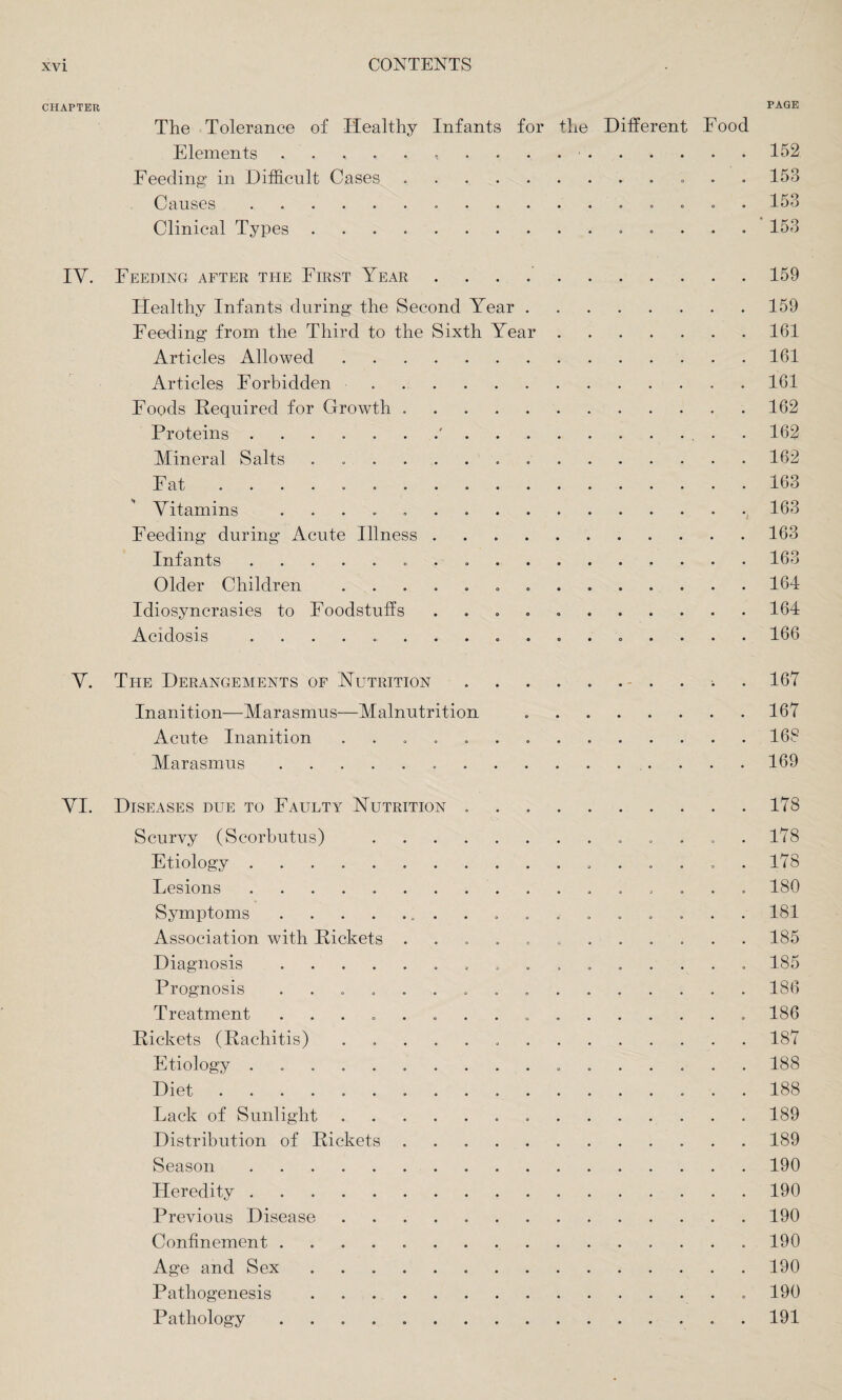 CHAPTER PAGE The Tolerance of ITealthy Infants for the Different Food Elements ...........152 Feeding in Difficult Cases ... 153 Causes.....,<>• 153 Clinical Types. 153 IV. Feeding after the First Year. 159 Healthy Infants during the Second Year.159 Feeding from the Third to the Sixth Year.161 Articles Allowed.161 Articles Forbidden .161 Foods Required for Growth ..162 Proteins.'.. 162 Mineral Salts ..162 Fat. 163 Vitamins .., 163 Feeding during Acute Illness ..163 Infants. 163 Older Children ..164 Idiosyncrasies to Foodstuffs ..164 Acidosis . 166 V. The Derangements of Nutrition .. 167 Inanition—Marasmus—Malnutrition ..167 Acute Inanition ..168 Marasmus. 169 VI. Diseases due to Faulty Nutrition ..178 Scurvy (Scorbutus) . 178 Etiology. 178 Lesions. 180 Symptoms. 181 Association with Rickets ............ 185 Diagnosis ................ 185 Prognosis ..186 Treatment .. 186 Rickets (Rachitis) ..187 Etiology ..188 Diet.188 Lack of Sunlight. 189 Distribution of Rickets.189 Season.190 Heredity.190 Previous Disease ..190 Confinement.190 Age and Sex.190 Pathogenesis. 190 Pathology ..191