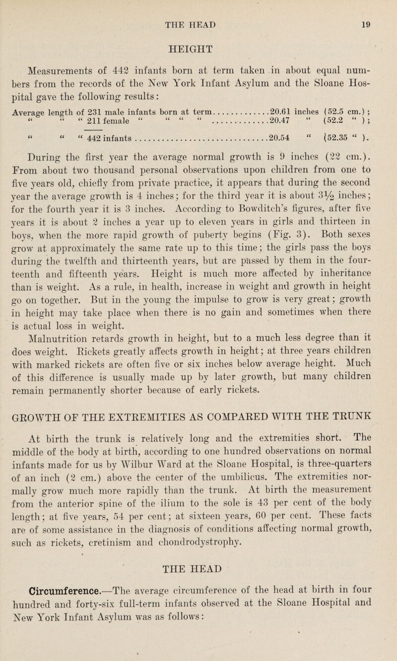 HEIGHT Measurements of 442 infants born at term taken in about equal num¬ bers from the records of the Hew York Infant Asylum and the Sloane Hos¬ pital gave the following results : Average length of 231 male infants born at term..20.61 inches (52.5 cm.) ; “ “ “ 211 female “ “ “ “ .20.47 “ (52.2 “ ) ; “ “ “ 442 infants.20.54 “ (52.35 “ ). During the first year the average normal growth is 9 inches (22 cm.). From about two thousand personal observations upon children from one to five years old, chiefly from private practice, it appears that during the second year the average growth is 4 inches; for the third year it is about 3% inches; for the fourth year it is 3 inches. According to Bowditch’s figures, after five years it is about 2 inches a year up to eleven years in girls and thirteen in boys, when the more rapid growth of puberty begins (Fig. 3). Both sexes grow at approximately the same rate up to this time; the girls pass the boys during the twelfth and thirteenth years, but are passed by them in the four¬ teenth and fifteenth years. Height is much more affected by inheritance than is weight. As a rule, in health, increase in weight and growth in height go on together. But in the young the impulse to grow is very great; growth in height may take place when there is no gain and sometimes when there is actual loss in weight. Malnutrition retards growth in height, but to a much less degree than it does weight. Rickets greatly affects growth in height; at three years children with marked rickets are often five or six inches below average height. Much of this difference is usually made up by later growth, but many children remain permanently shorter because of early rickets. GBOWTH OF THE EXTREMITIES AS COMPARED WITH THE TRUNK At birth the trunk is relatively long and the extremities short. The middle of the body at birth, according to one hundred observations on normal infants made for us by Wilbur Ward at the Sloane Hospital, is three-quarters of an inch (2 cm.) above the center of the umbilicus. The extremities nor¬ mally grow much more rapidly than the trunk. At birth the measurement from the anterior spine of the ilium to the sole is 43 per cent of the body length; at five years, 54 per cent; at sixteen years, 60 per cent. These facts are of some assistance in the diagnosis of conditions affecting normal growth, such as rickets, cretinism and chondrodystrophy. THE HEAD Circumference.—The average circumference of the head at birth in four hundred and forty-six full-term infants observed at the Sloane Hospital and New York Infant Asylum was as follows: