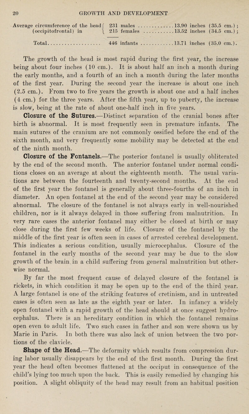 Average circumference of the head [ 231 males ..13.90 inches (35.5 cm.); (occipitofrontal) in \ 215 females .13.52 inches (34.5 cm.); Total. 446 infants.13.71 inches (35.0 cm.). The growth of the head is most rapid during the first year, the increase being about four inches (10 cm.). It is about half an inch a month during the early months, and a fourth of an inch a month during the later months of the first year. During the second year the increase is about one inch (2.5 cm.). From two to five years the growth is about one and a half inches (4 cm.) for the three years. After the fifth year, up to puberty, the increase is slow, being at the rate of about one-half inch in five years. Closure of the Sutures.—Distinct separation of the cranial bones after birth is abnormal. It is most frequently seen in premature infants. The main sutures of the cranium are not commonly ossified before the end of the sixth month, and very frequently some mobility may be detected at the end of the ninth month. Closure of the Fontanels.—The posterior fontanel is usually obliterated by the end of the second month. The anterior fontanel under normal condi¬ tions closes on an average at about the eighteenth month. The usual varia¬ tions are between the fourteenth and twenty-second months. At the end of the first year the fontanel is generally about three-fourths of an inch in diameter. An open fontanel at the end of the second year may be considered abnormal. The closure of the fontanel is not always early in well-nourished children, nor is it always delayed in those suffering from malnutrition. In very rare cases the anterior fontanel may either be closed at birth or may close during the first few weeks of life. Closure of the fontanel by the middle of the first year is often seen in cases of arrested cerebral development. This indicates a serious condition, usually microcephalus. Closure of the fontanel in the early months of the second year may be due to the slow growth of the brain in a child suffering from general malnutrition but other¬ wise normal. By far the most frequent cause of delayed closure of the fontanel is rickets, in which condition it may be open up to the end of the third year. A large fontanel is one of the striking features of cretinism, and in untreated cases is often seen as late as the eighth year or later. In infancy a widely open fontanel with a rapid growth of the head should at once suggest hydro¬ cephalus. There is an hereditary condition in which the fontanel remains open even to adult life. Two such cases in father and son were shown us by Marie in Paris. In both there was also lack of union between the two por¬ tions of the clavicle. Shape of the Head.—The deformity which results from compression dur¬ ing labor usually disappears by the end of the first month. During the first year the head often becomes flattened at the occiput in consequence of the child’s lying too much upon the back. This is easily remedied by changing his position. A slight obliquity of the head may result from an habitual position