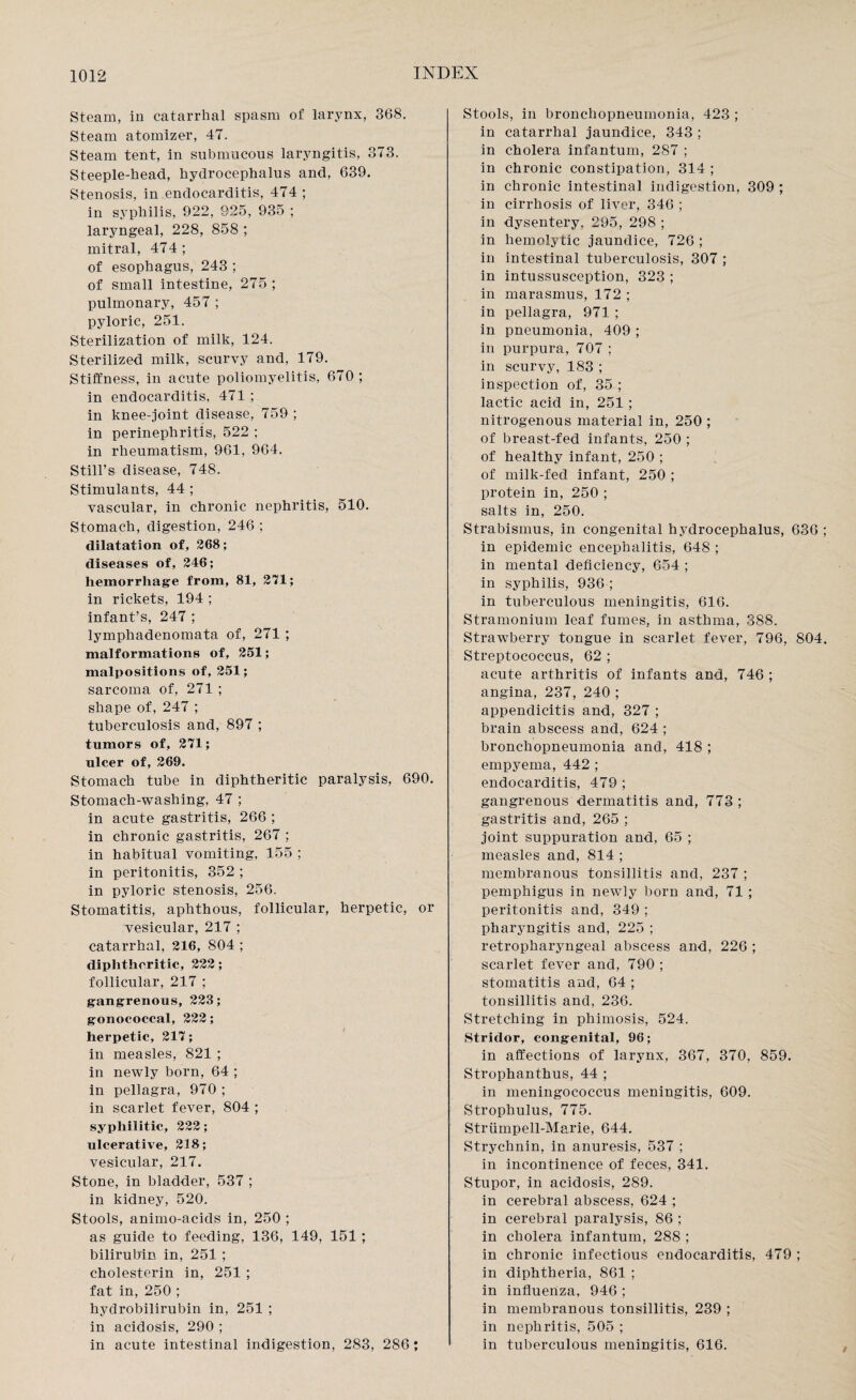 Steam, in catarrhal spasm of larynx, 368. Steam atomizer, 47. Steam tent, in submucous laryngitis, 373. Steeple-head, hydrocephalus and, 639. Stenosis, in endocarditis, 474 ; in syphilis, 922, 925, 935 ; laryngeal, 228, 858 ; mitral, 474; of esophagus, 243 ; of small intestine, 275 ; pulmonary, 457 ; pyloric, 251. Sterilization of milk, 124. Sterilized milk, scurvy and, 179. Stiffness, in acute poliomyelitis, 670; in endocarditis, 471 ; in knee-joint disease, 759 ; in perinephritis, 522 ; in rheumatism, 961, 964. Still’s disease, 748. Stimulants, 44 ; vascular, in chronic nephritis, 510. Stomach, digestion, 246 ; dilatation of, 268; diseases of, 246; hemorrhage from, 81, 271; in rickets, 194 ; infant’s, 247 ; lymphadenomata of, 271 ; malformations of, 251; malpositions of, 251; sarcoma of, 271 ; shape of, 247 ; tuberculosis and, 897 ; tumors of, 271; ulcer of, 269. Stomach tube in diphtheritic paralysis, 690. Stomach-washing, 47 ; in acute gastritis, 266 ; in chronic gastritis, 267 ; in habitual vomiting, 155 ; in peritonitis, 352 ; in pyloric stenosis, 256. Stomatitis, aphthous, follicular, herpetic, or vesicular, 217 ; catarrhal, 216, 804 ; diphtheritic, 222; follicular, 217 ; gangrenous, 223; gonococcal, 222; herpetic, 217; in measles, 821 ; in newly born, 64 ; in pellagra, 970 ; in scarlet fever, 804 ; syphilitic, 222; ulcerative, 218; vesicular, 217. Stone, in bladder, 537 ; in kidney, 520. Stools, animo-acids in, 250 ; as guide to feeding, 136, 149, 151; bilirubin in, 251 ; cholesterin in, 251 ; fat in, 250 ; hydrobilirubin in, 251 ; in acidosis, 290 ; in acute intestinal indigestion, 283, 286 ; Stools, in bronchopneumonia, 423 ; in catarrhal jaundice, 343 ; in cholera infantum, 287 ; in chronic constipation, 314 ; in chronic intestinal indigestion, 309 ; in cirrhosis of liver, 346 ; in dysentery, 295, 298 ; in hemolytic jaundice, 726 ; in intestinal tuberculosis, 307 ; in intussusception, 323 ; in marasmus, 172 ; in pellagra, 971 ; in pneumonia, 409 ; in purpura, 707 ; in scurvy, 183 ; inspection of, 35 ; lactic acid in, 251 ; nitrogenous material in, 250 ; of breast-fed infants, 250 ; of healthy infant, 250 ; of milk-fed infant, 250 ; protein in, 250 ; salts in, 250. Strabismus, in congenital hydrocephalus, 636 ; in epidemic encephalitis, 648 ; in mental deficiency, 654 ; in syphilis, 936 ; in tuberculous meningitis, 616. Stramonium leaf fumes, in asthma, 388. Strawberry tongue in scarlet fever, 796, 804. Streptococcus, 62 ; acute arthritis of infants and, 746 ; angina, 237, 240 ; appendicitis and, 327 ; brain abscess and, 624 ; bronchopneumonia and, 418 ; empyema, 442 ; endocarditis, 479 ; gangrenous dermatitis and, 773 ; gastritis and, 265 ; joint suppuration and, 65 ; measles and, 814 ; membranous tonsillitis and, 237 ; pemphigus in newly born and, 71 ; peritonitis and, 349 ; pharyngitis and, 225 ; retropharyngeal abscess and, 226 ; scarlet fever and, 790 ; stomatitis and, 64 ; tonsillitis and, 236. Stretching in phimosis, 524. Stridor, congenital, 96; in affections of larynx, 367, 370, 859. Strophanthus, 44 ; in meningococcus meningitis, 609. Strophulus, 775. Strumpell-Marie, 644. Strychnin, in anuresis, 537 ; in incontinence of feces, 341. Stupor, in acidosis, 289. in cerebral abscess, 624 ; in cerebral paralysis, 86 ; in cholera infantum, 288 ; in chronic infectious endocarditis, 479 ; in diphtheria, 861 ; in influenza, 946 ; in membranous tonsillitis, 239 ; in nephritis, 505 ; in tuberculous meningitis, 616.