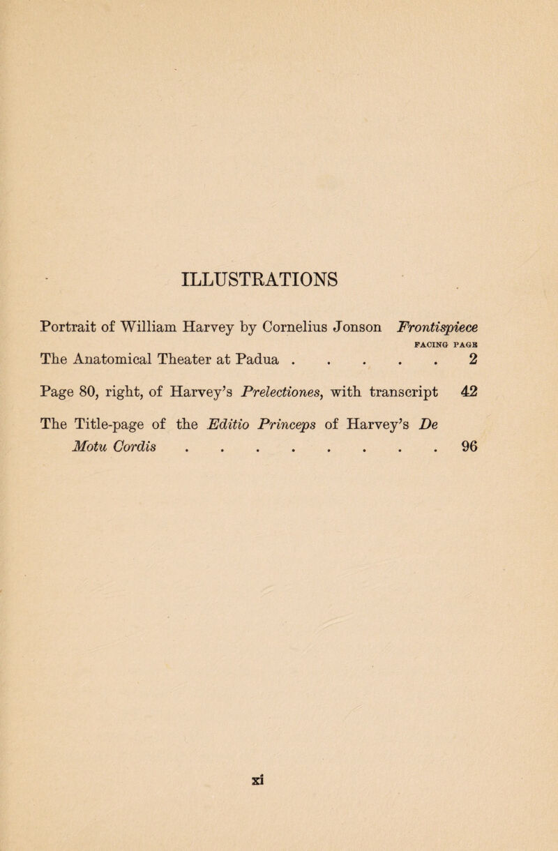 ILLUSTRATIONS Portrait of William Harvey by Cornelius Jonson Frontispiece FACING PAGB The Anatomical Theater at Padua.2 Page 80, right, of Harvey’s Prelectiones, with transcript 42 The Title-page of the Editio Princeps of Harvey’s De Motu Cordis.96
