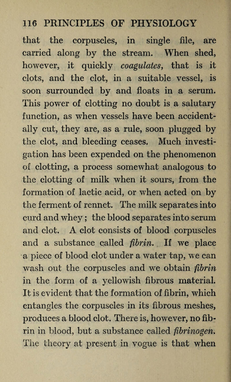 that the corpuscles, in single file, are carried along by the stream. When shed, however, it quickly coagulates, that is it clots, and the clot, in a suitable vessel, is soon surrounded by and floats in a serum. This power of clotting no doubt is a salutary function, as when vessels have been accident¬ ally cut, they are, as a rule, soon plugged by the clot, and bleeding ceases. Much investi¬ gation has been expended on the phenomenon of clotting, a process somewhat analogous to the clotting of milk when it sours, from the formation of lactic acid, or when acted on by the ferment of rennet. The milk separates into curd and whey; the blood separates into serum and clot. A clot consists of blood corpuscles and a substance called fibrin. If we place a piece of blood clot under a water tap, we can wash out the corpuscles and we obtain fibrin in the form of a yellowish fibrous material. It is evident that the formation of fibrin, which entangles the corpuscles in its fibrous meshes, produces a blood clot. There is, however, no fib¬ rin in blood, but a substance called fibrinogen. The theory at present in vogue is that when