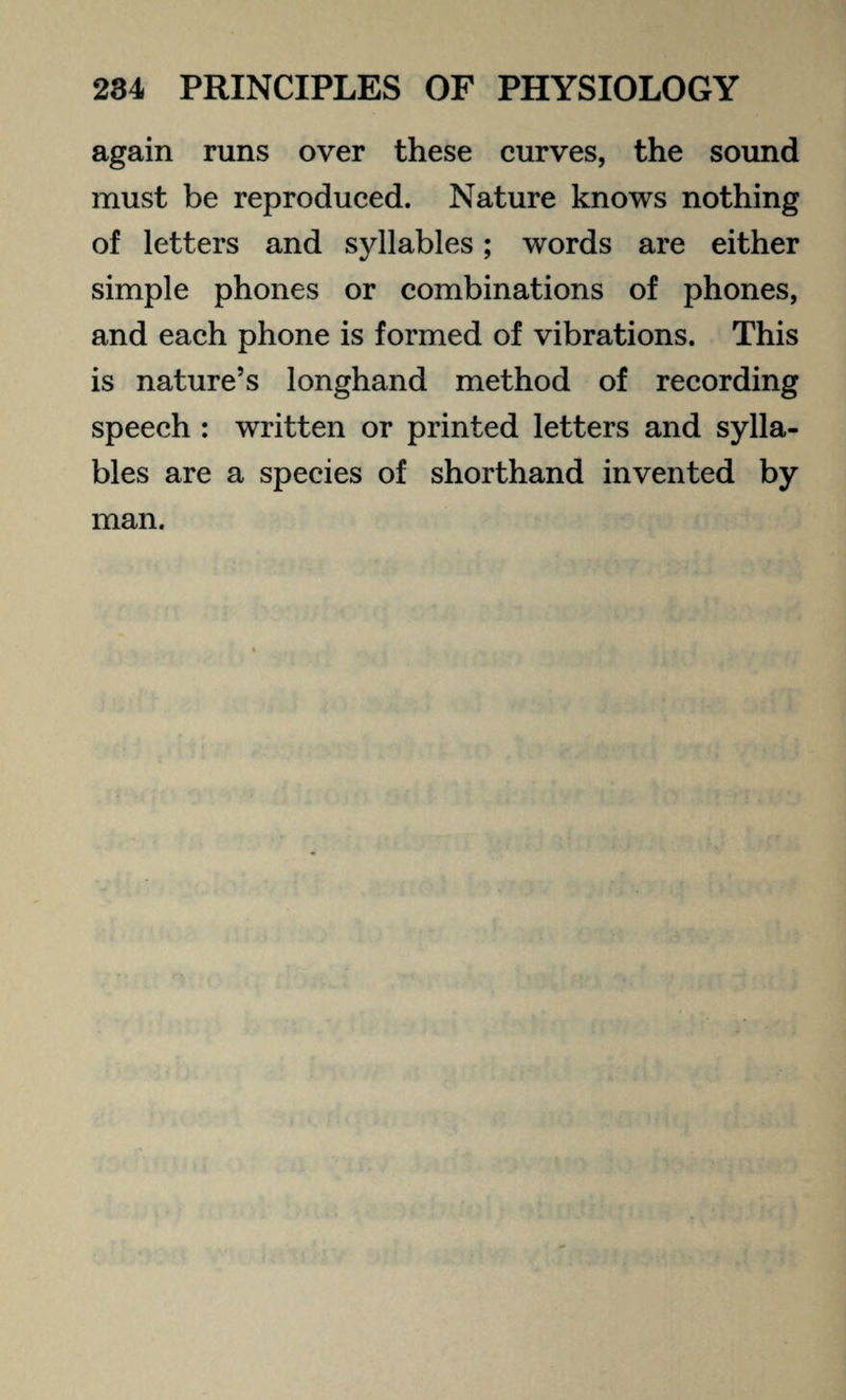 again runs over these curves, the sound must be reproduced. Nature knows nothing of letters and syllables; words are either simple phones or combinations of phones, and each phone is formed of vibrations. This is nature’s longhand method of recording speech : written or printed letters and sylla¬ bles are a species of shorthand invented by man.