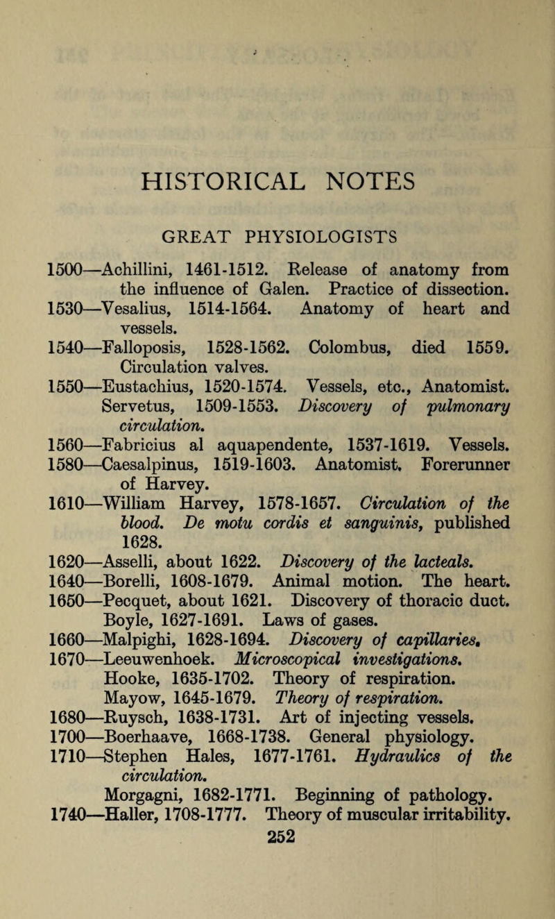 GREAT PHYSIOLOGISTS 1500—Achillini, 1461-1512. Release of anatomy from the influence of Galen. Practice of dissection. 1530—Vesalius, 1514-1564. Anatomy of heart and vessels. 1540—Falloposis, 1528-1562. Colombus, died 1559. Circulation valves. 1550—Eustachius, 1520-1574. Vessels, etc.. Anatomist. Servetus, 1509-1553. Discovery of 'pulmonary circulation. 1560—Fabricius al aquapendente, 1537-1619. Vessels. 1580—Caesalpinus, 1519-1603. Anatomist. Forerunner of Harvey. 1610—William Harvey, 1578-1657. Circulation of the blood. De motu cordis et sanguinis, published 1628. 1620—Asselli, about 1622. Discovery of the lacteals. 1640—Borelli, 1608-1679. Animal motion. The heart. 1650—Pecquet, about 1621. Discovery of thoracic duct. Boyle, 1627-1691. Laws of gases. 1660—Malpighi, 1628-1694. Discovery of capillaries, 1670—Leeuwenhoek. Microscopical investigations. Hooke, 1635-1702. Theory of respiration. Mayow, 1645-1679. Theory of respiration. 1680—Ruysch, 1638-1731. Art of injecting vessels. 1700—Boerhaave, 1668-1738. General physiology. 1710—Stephen Hales, 1677-1761. Hydraulics of the circulation. Morgagni, 1682-1771. Beginning of pathology. 1740—Haller, 1708-1777. Theory of muscular irritability.