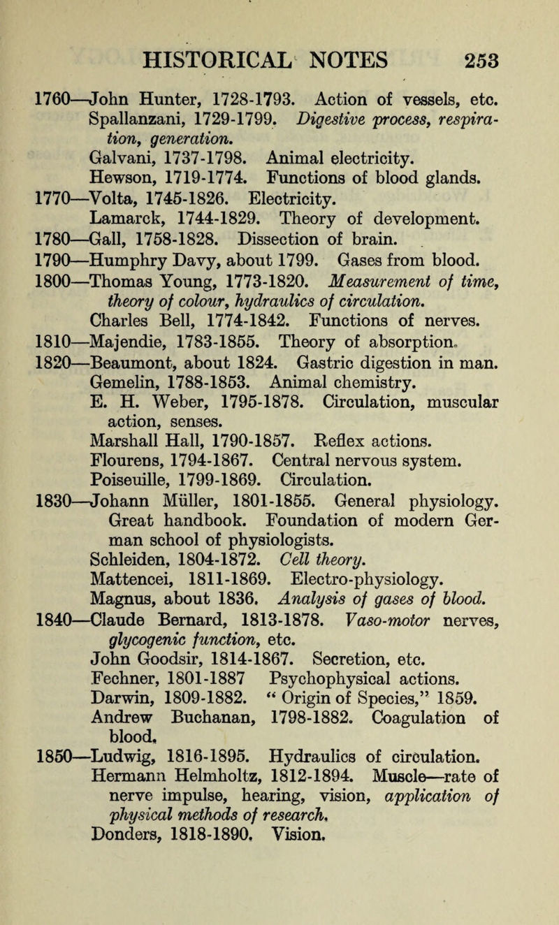 1760—John Hunter, 1728-1793. Action of vessels, etc. Spallanzani, 1729-1799. Digestive 'process, respira¬ tion, generation. Galvani, 1737-1798. Animal electricity. Hewson, 1719-1774. Functions of blood glands. 1770—Volta, 1745-1826. Electricity. Lamarck, 1744-1829. Theory of development. 1780—Gall, 1758-1828. Dissection of brain. 1790—Humphry Davy, about 1799. Gases from blood. 1800—Thomas Young, 1773-1820. Measurement of time, theory of colour, hydraulics of circulation. Charles Bell, 1774-1842. Functions of nerves. 1810—Majendie, 1783-1855. Theory of absorption. 1820—Beaumont, about 1824. Gastric digestion in man. Gemelin, 1788-1853. Animal chemistry. E. H. Weber, 1795-1878. Circulation, muscular action, senses. Marshall Hall, 1790-1857. Reflex actions. Flourens, 1794-1867. Central nervous system. Poiseuille, 1799-1869. Circulation. 1830—Johann Muller, 1801-1855. General physiology. Great handbook. Foundation of modern Ger¬ man school of physiologists. Schleiden, 1804-1872. Cell theory. Mattencei, 1811-1869. Electro-physiology. Magnus, about 1836. Analysis of gases of blood. 1840—Claude Bernard, 1813-1878. Vaso-motor nerves, glycogenic function, etc. John Goodsir, 1814-1867. Secretion, etc. Fechner, 1801-1887 Psychophysical actions. Darwin, 1809-1882. “ Origin of Species,” 1859. Andrew Buchanan, 1798-1882. Coagulation of blood, 1850—Ludwig, 1816-1895. Hydraulics of circulation. Hermann Helmholtz, 1812-1894. Muscle—rate of nerve impulse, hearing, vision, application of physical methods of research. Donders, 1818-1890. Vision.