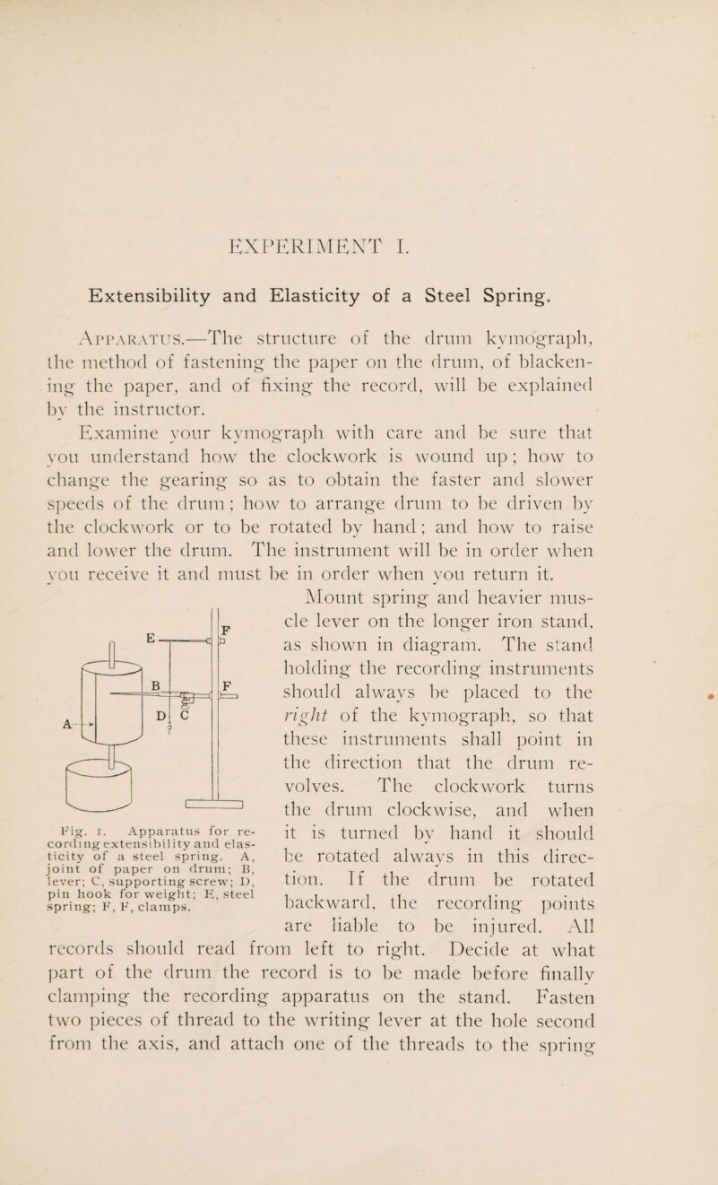 Extensibility and Elasticity of a Steel Spring. Apparatus.—The structure of the drum kymograph, the method of fastening the paper on the drum, of blacken¬ ing the paper, and of fixing the record, will be explained by the instructor. Examine your kymograph with care and be sure that you understand how the clockwork is wound up ; how to change the gearing so as to obtain the faster and slower speeds of the drum ; how to arrange drum to be driven by the clockwork or to be rotated by hand ; and how to raise and lower the drum. The instrument will be in order when you receive it and must be in order when you return it. Alount spring and heavier mus¬ cle lever on the longer iron stand, as shown in diagram. The stand holding the recording instruments should always be placed to the right of the kymograph, so that these instruments shall point in the direction that the drum re¬ volves. The clockwork turns the drum clockwise, and when it is turned by hand it should be rotated always in this direc¬ tion. If the drum be rotated backward, the recording points are liable to be injured. All records should read from left to right. Decide at what part of the drum the record is to be made before finallv clamping the recording apparatus on the stand. Fasten two pieces of thread to the writing lever at the hole second from the axis, and attach one of the threads to the spring cording extensibility and elas¬ ticity of a steel spring. A, joint of paper on drum; B, lever; C, supporting screw; D, pin hook for weight; K, steel spring; F, F, clamps.