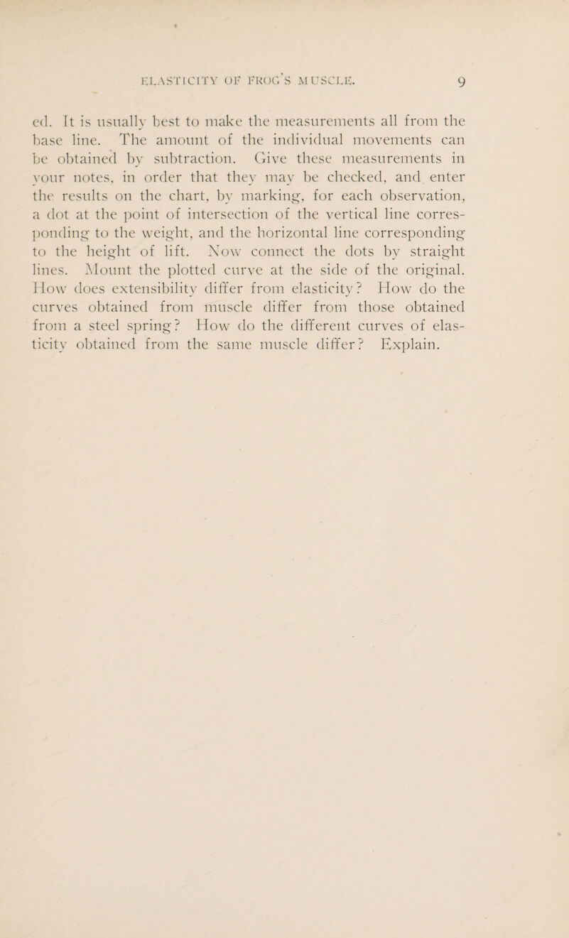 eel. It is usually best to make the measurements all from the base line. The amount of the individual movements can be obtained by subtraction. Give these measurements in your notes, in order that they may be checked, and enter the results on the chart, by marking, for each observation, a dot at the point of intersection of the vertical line corres¬ ponding to the weight, and the horizontal line corresponding to the height of lift. Now connect the dots by straight lines. Mount the plotted curve at the side of the original. How does extensibility differ from elasticity ? How do the curves obtained from muscle differ from those obtained from a steel spring? How do the different curves of elas¬ ticity obtained from the same muscle differ? Explain.