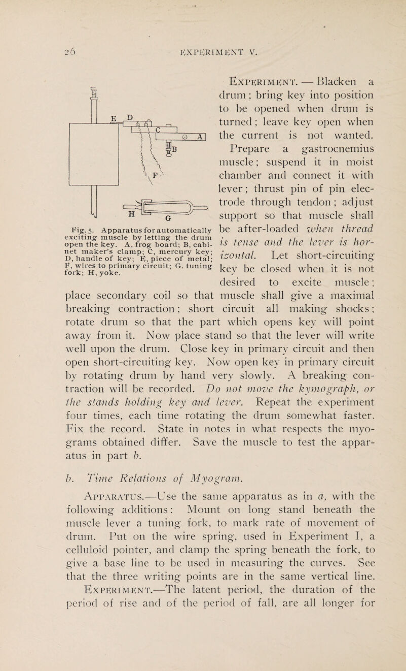 F,X P F RIM FN T V. 2 b Experiment. — Blacken a drum ; bring key into position to be opened when drum is turned; leave key open when the current is not wanted. Prepare a g'astrocnemius muscle; suspend it in moist chamber and connect it with lever; thrust pin of pin elec¬ trode through tendon ; adjust support so that muscle shall Fig. 5. Apparatus for automatically be after-loaded ZV'Hcil thread exciting muscle by letting the drum • , jj.11 • 1 open the key. A, frog board; B, cabi- IS tCUSC and the l€‘VCT IS hor¬ net maker’s clamp; C, mercury key; ^nrifnl T cFnrf-rirriiifintr I), handle of key; E, piece of metal; t—G 111 til. Uei SllOfC Circuiting Lk!rH)ty°okrjmarycircuit; °'tuning key be closed when it is not desired to excite muscle; place secondary coil so that muscle shall give a maximal breaking contraction; short circuit all making shocks; rotate drum so that the part which opens key will point away from it. Now place stand so that the lever will write well upon the drum. Close key in primary circuit and then open short-circuiting key. Now open key in primary circuit by rotating drum by band very slowly. A breaking con¬ traction will be recorded. Do not move the kymograph, or the stands holding key and lever. Repeat the experiment four times, each time rotating the drum somewhat faster. Fix the record. State in notes in what respects the myo¬ grams obtained differ. Save the muscle to test the appar¬ atus in part b. b. Time Relations of Myogram. Apparatus.—Use the same apparatus as in a, with the following additions: Mount on long stand beneath the muscle lever a tuning fork, to mark rate of movement of drum. Put on the wire spring, used in Experiment I, a celluloid pointer, and clamp the spring beneath the fork, to give a base line to be used in measuring the curves. See that the three writing points are in the same vertical line. Experiment.—The latent period, the duration of the period of rise and of the period of fall, are all longer for