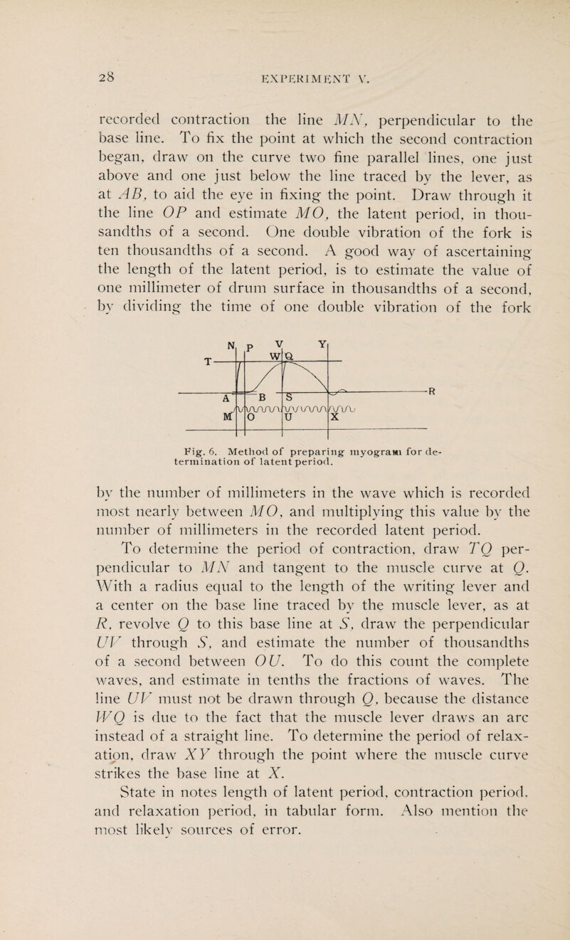 recorded contraction the line MN, perpendicular to the base line. To fix the point at which the second contraction began, draw on the curve two fine parallel lines, one just above and one just below the line traced by the lever, as at AB, to aid the eye in fixing the point. Draw through it the line OP and estimate MO, the latent period, in thou¬ sandths of a second. One double vibration of the fork is ten thousandths of a second. A good way of ascertaining the length of the latent period, is to estimate the value of one millimeter of drum surface in thousandths of a second, by dividing the time of one double vibration of the fork N T p v w Y Q 1 T W\ A M7 V B WlAA Wl/Wi u X Fig. 6. Method of preparing myogram for de¬ termination of latent period. by the number of millimeters in the wave which is recorded most nearly between MO, and multiplying this value by the number of millimeters in the recorded latent period. To determine the period of contraction, draw TQ per¬ pendicular to MN and tangent to the muscle curve at Q. With a radius equal to the length of the writing lever and a center on the base line traced by the muscle lever, as at R, revolve Q to this base line at S, draw the perpendicular UV through S, and estimate the number of thousandths of a second between OU. To do this count the complete waves, and estimate in tenths the fractions of waves. The line UV must not be drawn through Q, because the distance WQ is due to the fact that the muscle lever draws an arc instead of a straight line. To determine the period of relax¬ ation, draw XV through the point where the muscle curve strikes the base line at X. State in notes length of latent period, contraction period, and relaxation period, in tabular form. Also mention the most likely sources of error.