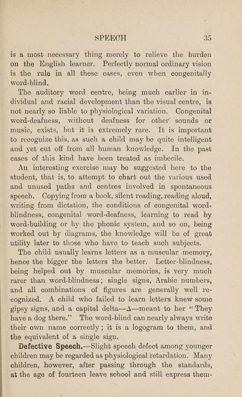 is a most necessary thing merely to relieve the burden on the English learner. Perfectly normal ordinary vision is the rule in all these cases, even when congenitally word-blind. The auditory word centre, being much earlier in in¬ dividual and racial development than the visual centre, is not nearly so liable to physiological variation. Congenital word-deafness, without deafness for other sounds or music, exists, but it is extremely rare. It is important to recognize this, as such a child may be quite intelligent and yet cut off from all human knowledge. In the past cases of this kind have been treated as imbecile. An interesting exercise may be suggested here to the student, that is, to attempt to chart out the various used and unused paths and centres involved in spontaneous speech. Copying from a book, silent reading, reading aloud, writing from dictation, the conditions of congenital word- blindness, congenital word-deafness, learning to read by word-building or by the phonic system, and so on, being worked out by diagrams, the knowledge will be of great utility later to those who have to teach such subjects. The child usually learns letters as a muscular memory, hence the bigger the letters the better. Letter-blindness, being helped out by muscular memories, is very much rarer than word-blindness; single signs, Arabic numbers, and all combinations of figures are generally well re¬ cognized. A child who failed to learn letters knew some gipsy signs, and a capital delta—A—meant to her “ They have a dog there.” The word-blind can nearly always write their own name correctly ; it is a logogram to them, and the equivalent of a single sign. Defective Speech.—Slight speech defect among younger children may be regarded as physiological retardation. Many children, however, after passing through the standards, at the age of fourteen leave school and still express them-