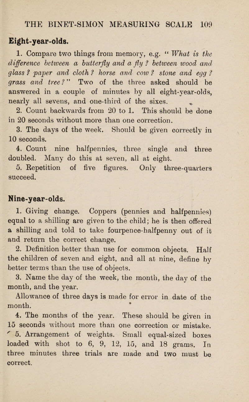 Eight-year-olds. 1. Compare two things from memory, e.g. “ What is the difference between a butterfly and a fly ? beticeen ivood and glass ? paper and cloth ? horse and cow ? stone and egg ? grass and tree?” Two of the three asked should be answered in a couple of minutes by all eight-year-olds, nearly all sevens, and one-third of the sixes. ^ 2. Count backwards from 20 to 1. This should be done in 20 seconds without more than one correction. 3. The days of the week. Should be given correctly in 10 seconds. 4. Count nine halfpennies, three single and three doubled. Many do this at seven, all at eight. 5. Repetition of five figures. Only three-quarters succeed. Nine-year-olds. 1. Giving change. Coppers (pennies and halfpennies) equal to a shilling are given to the child; he is then offered a shilling and told to take fourpence-halfpenny out of it and return the correct change. 2. Definition better than use for common objects. Half the children of seven and eight, and all at nine, define by better terms than the use of objects. 3. Name the day of the week, the month, the day of the month, and the year. Allowance of three days is made for error in date of the month. 4. The months of the year. These should be given in 15 seconds without more than one correction or mistake. ^ 5. Arrangement of weights. Small equal-sized boxes loaded with shot to 6, 9, 12, 15, and 18 grams. In three minutes three trials are made and two must be correct.