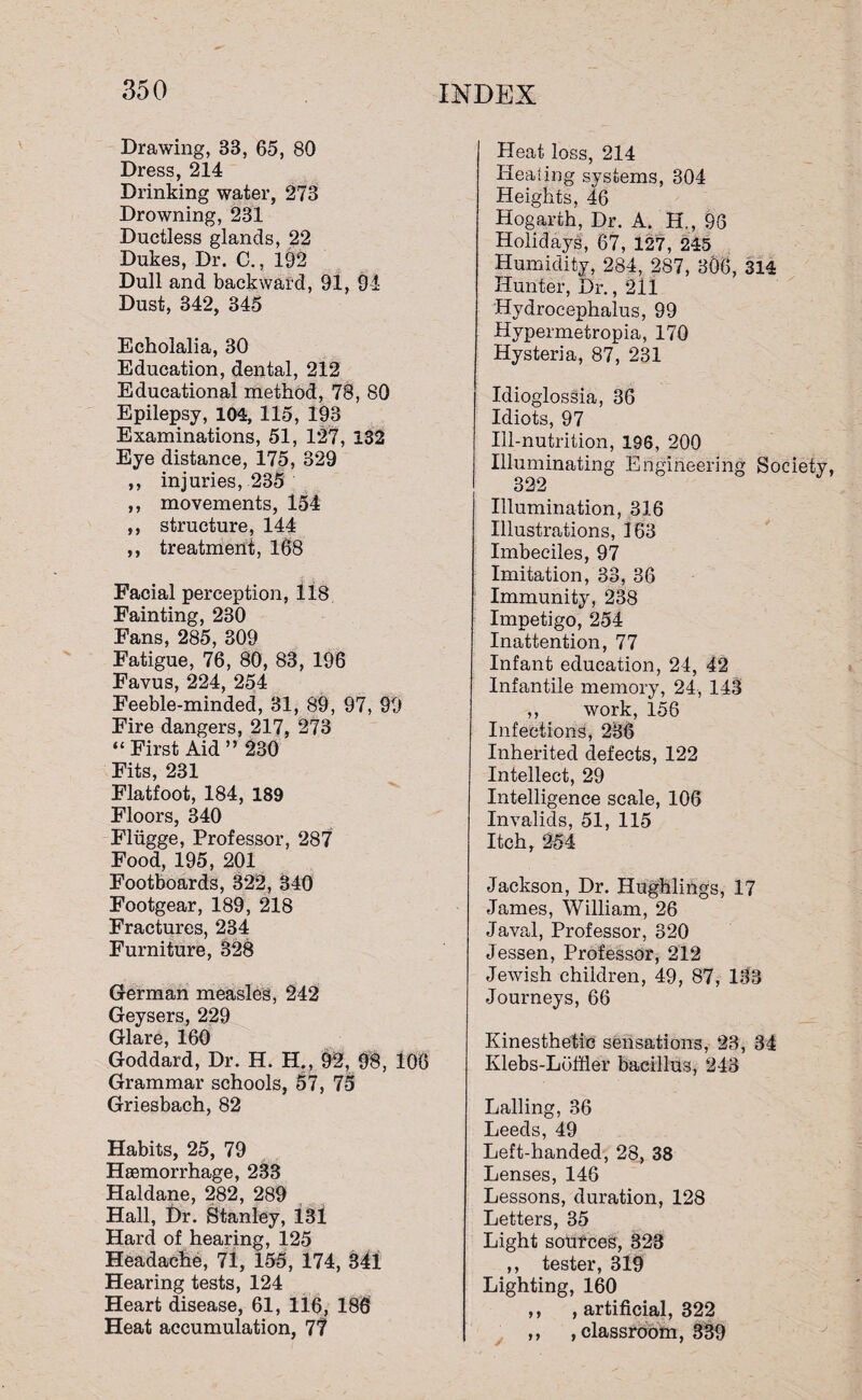 Drawing, 33, 65, 80 Dress, 214 Drinking water, 273 Drowning, 231 Ductless glands, 22 Dukes, Dr. C., 192 Dull and backward, 91, 94 Dust, 342, 345 Echolalia, 30 Education, dental, 212 Educational method, 78, 80 Epilepsy, 104, 115, 193 Examinations, 51, 127, 132 Eye distance, 175, 329 ,, injuries, 235 ,, movements, 154 ,, structure, 144 ,, treatment, 168 Facial perception, 118 Fainting, 230 Fans, 285, 309 Fatigue, 76, 80, 83, 196 Favus, 224, 254 Feeble-minded, 31, 89, 97, 99 Fire dangers, 217, 273 “ First Aid ” 230 Fits, 231 Flatfoot, 184, 189 Floors, 340 Fliigge, Professor, 287 Food, 195, 201 Footboards, 322, 340 Footgear, 189, 218 Fractures, 234 Furniture, 328 German measles, 242 Geysers, 229 Glare, 160 Goddard, Dr. H. H., 92, 98, 106 Grammar schools, 57, 75 Griesbach, 82 Habits, 25, 79 Haemorrhage, 233 Haldane, 282, 289 Hall, Dr. Stanley, Is! Hard of hearing, 125 Headache, 71, 155, 174, 341 Hearing tests, 124 Heart disease, 61, 116, 186 Heat accumulation, 7? Heat loss, 214 Healing systems, 304 Heights, 46 Hogarth, Dr. A. H., 96 Holidays, 67, 127, 245 Humidity, 284, 287, 306, 314 Hunter, Dr., 211 Hydrocephalus, 99 Hypermetropia, 170 Hysteria, 87, 231 Idioglossia, 36 Idiots, 97 Ill-nutrition, 196, 200 Illuminating Engineering Society, 322 Illumination, 316 Illustrations, 163 Imbeciles, 97 Imitation, 33, 36 Immunity, 238 Impetigo, 254 Inattention, 77 Infant education, 24, 42 Infantile memory, 24, 143 ,, work, 156 Infections, 236 Inherited defects, 122 Intellect, 29 Intelligence scale, 106 Invalids, 51, 115 Itch, 254 Jackson, Dr. Hughlings, 17 James, William, 26 Javal, Professor, 320 Jessen, Professor, 212 Jewish children, 49, 87, 133 Journeys, 66 Kinesthetic sensations, 23, 34 Klebs-Loffler bacillus, 243 Lalling, 36 Leeds, 49 Left-handed, 28, 38 Lenses, 146 Lessons, duration, 128 Letters, 35 Light sources, 323 ,, tester, 319 Lighting, 160 ,, , artificial, 322 ,, , classroom, 339