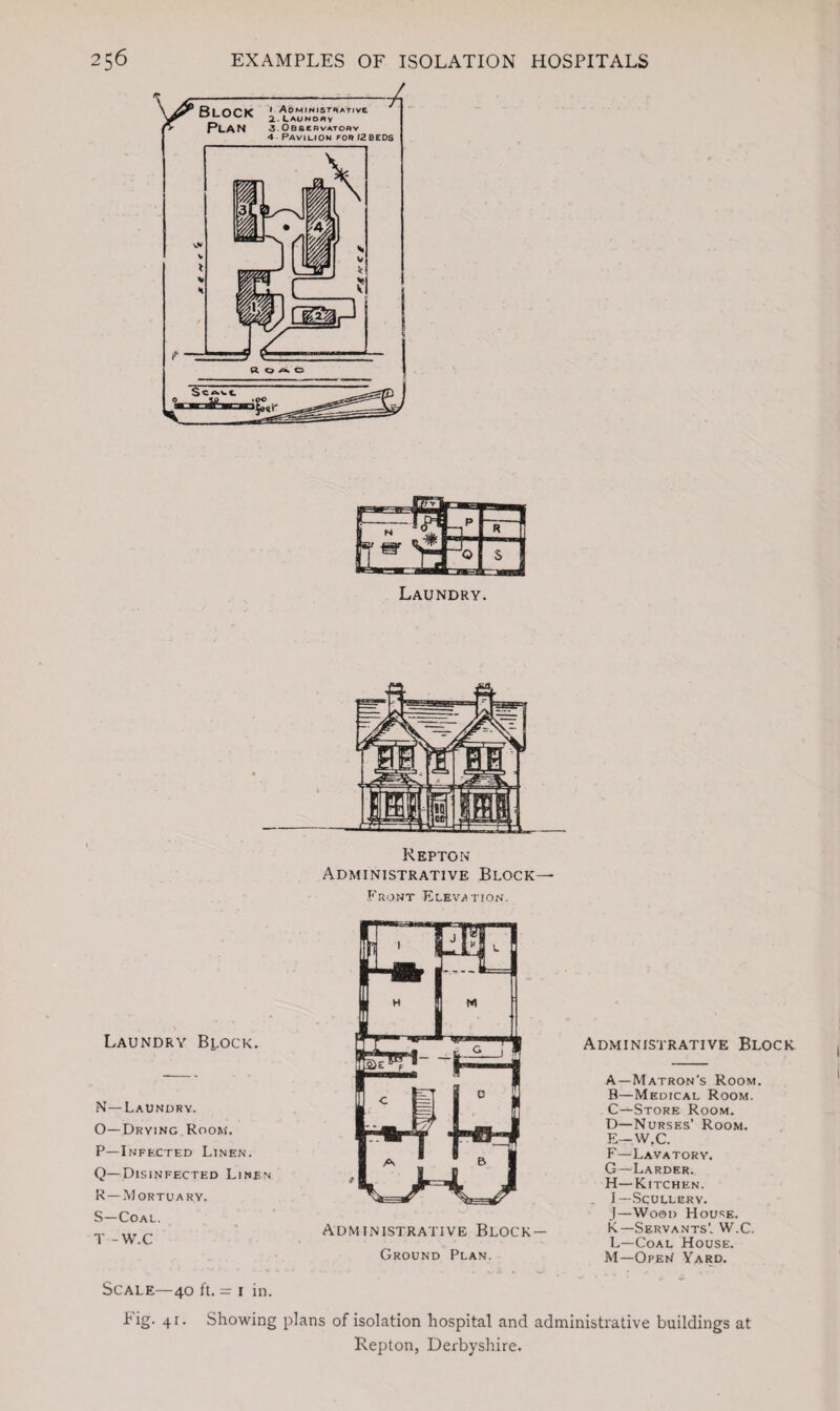 ■A Rl nrif * Administrative DUOCfV 2.LAUNORY Plan 3 Osset)vatohv 4 Pavilion fob 12 BEDS S O A C Repton Administrative Block- Front Elevation. Laundry Block. N—Laundry. O—Drying Room. P—Infected Linen. Q—Disinfected Linen R—Mortuary. S—Coal. T -W.C Scale—40 ft. - 1 in. Administrative Block- Ground Plan. Administrative Block A—Matron's Room. B—Medical Room. C—Store Room. D—Nurses’ Room. E—W.C. F—Lavatory. G—Larder. H—Kitchen. I—Scullery. J—Wood House. K—Servants’. W.C. L—Coal House. M—Open Yard. .big. 41. Showing plans of isolation hospital and administrative buildings at Repton, Derbyshire.