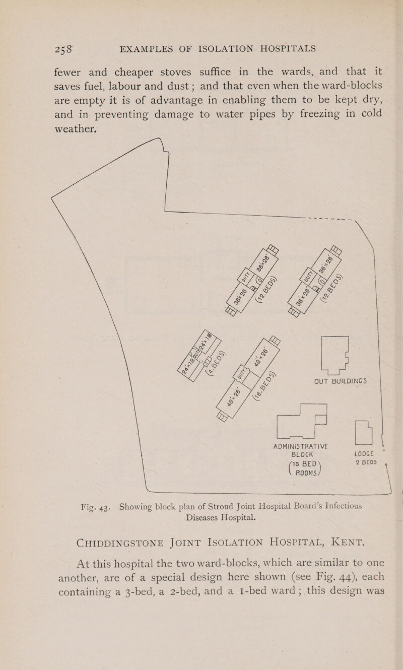 fewer and cheaper stoves suffice in the wards, and that it saves fuel, labour and dust; and that even when the ward-blocks are empty it is of advantage in enabling them to be kept dry, and in preventing damage to water pipes by freezing in cold weather. Fig. 43. Showing block plan of Stroud Joint Hospital Board’s Infectious Diseases Hospital. Chiddingstone Joint Isolation Hospital, Kent. At this hospital the two ward-blocks, which are similar to one another, are of a special design here shown (see Fig. 44), each containing a 3-bed, a 2-bed, and a i-bed ward ; this design was
