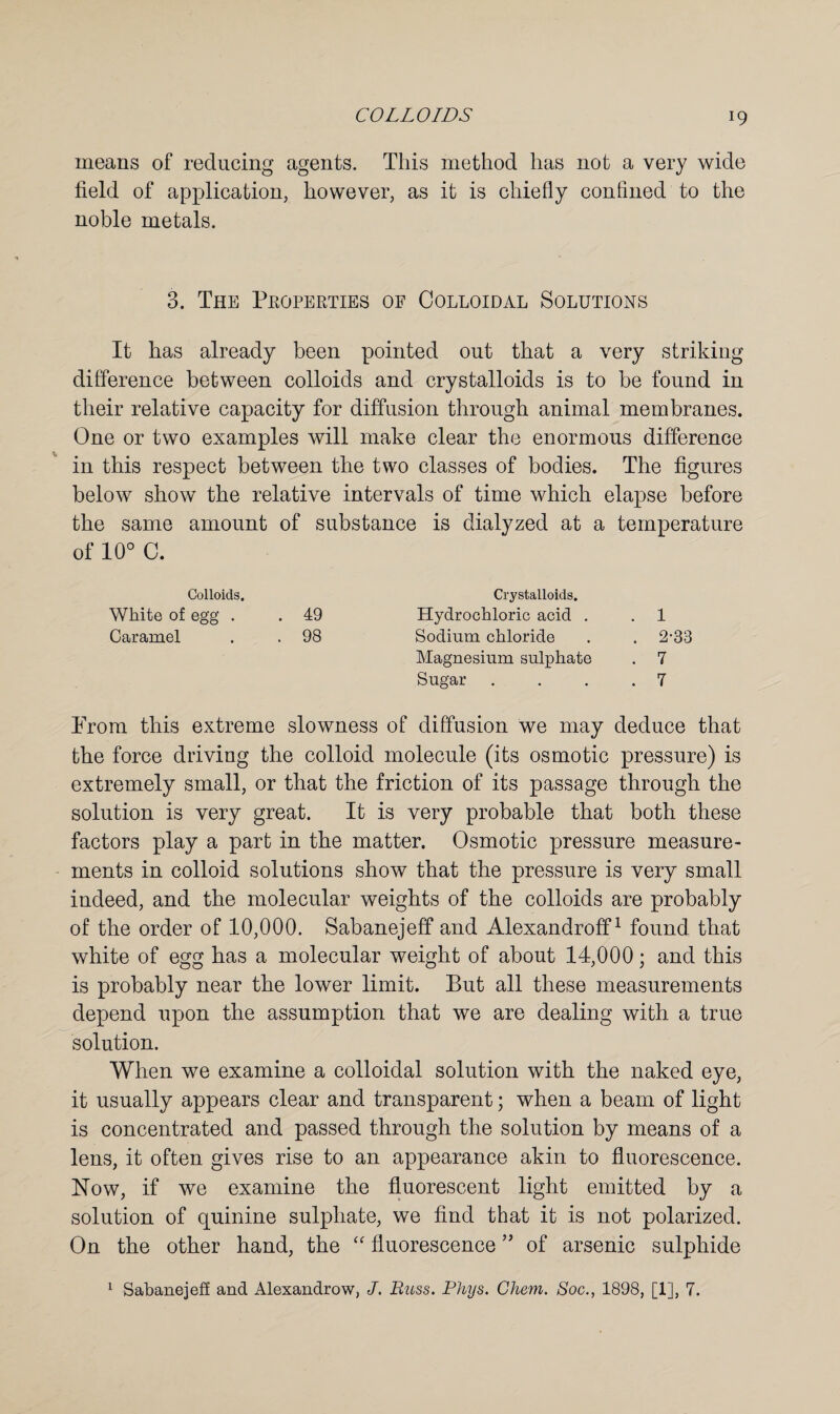 means of reducing agents. This method has not a very wide field of application, however, as it is chiefly confined to the noble metals. 3. The Properties of Colloidal Solutions It has already been pointed out that a very striking difference between colloids and crystalloids is to be found in their relative capacity for diffusion through animal membranes. One or two examples will make clear the enormous difference in this respect between the two classes of bodies. The figures below show the relative intervals of time which elapse before the same amount of substance is dialyzed at a temperature of 10° C. Colloids, Crystalloids. White of egg . . 49 Hydrochloric acid . . 1 Caramel . . 98 Sodium chloride . . 2-33 Magnesium sulphate . 7 Sugar . . . .7 From this extreme slowness of diffusion we may deduce that the force driving the colloid molecule (its osmotic pressure) is extremely small, or that the friction of its passage through the solution is very great. It is very probable that both these factors play a part in the matter. Osmotic pressure measure¬ ments in colloid solutions show that the pressure is very small indeed, and the molecular weights of the colloids are probably of the order of 10,000. Sabanejeff and Alexandroff1 found that white of egg has a molecular weight of about 14,000; and this is probably near the lower limit. But all these measurements depend upon the assumption that we are dealing with a true solution. When we examine a colloidal solution with the naked eye, it usually appears clear and transparent; when a beam of light is concentrated and passed through the solution by means of a lens, it often gives rise to an appearance akin to fluorescence. Now, if we examine the fluorescent light emitted by a solution of quinine sulphate, we find that it is not polarized. On the other hand, the “ fluorescence ” of arsenic sulphide Sabanejeff and Alexandrow, J. Russ. Rhys. Chem. Soc., 1898, [1], 7. i