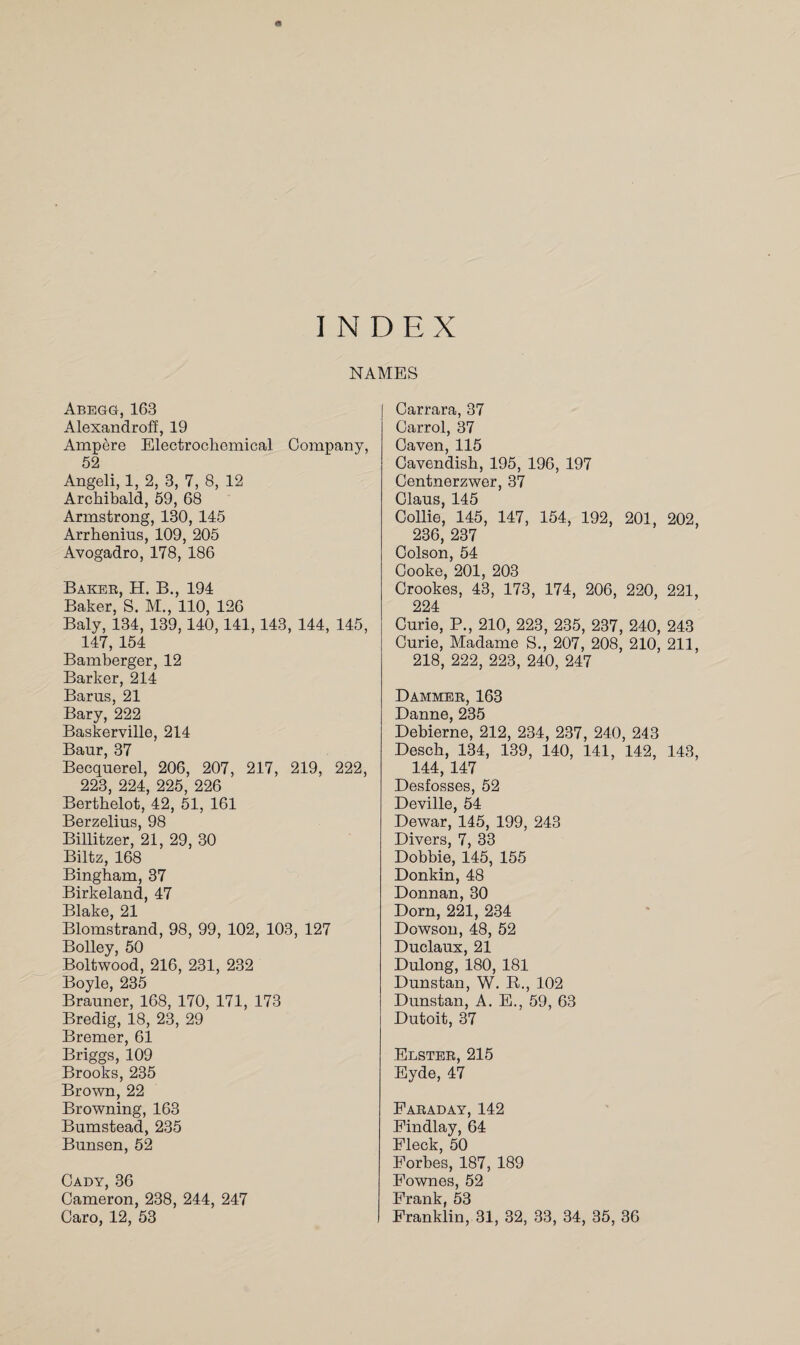 NAMES Abegg,163 Alexandroff, 19 Ampere Electrochemical Company, 52 Angeli, 1, 2, 3, 7, 8, 12 Archibald, 59, 68 Armstrong, 130, 145 Arrhenius, 109, 205 Avogadro, 178, 186 Baker, H. B., 194 Baker, S. M., 110, 126 Baly, 134, 139, 140,141,143, 144, 145, 147, 154 Bamberger, 12 Barker, 214 Barus, 21 Bary, 222 Baskerville, 214 Baur, 37 Becquerel, 206, 207, 217, 219, 222, 223, 224, 225, 226 Berthelot, 42, 51, 161 Berzelius, 98 Billitzer, 21, 29, 30 Biltz, 168 Bingham, 37 Birkeland, 47 Blake, 21 Blomstrand, 98, 99, 102, 103, 127 Bolley, 50 Boltwood, 216, 231, 232 Boyle, 235 Brauner, 168, 170, 171, 173 Bredig, 18, 23, 29 Bremer, 61 Briggs, 109 Brooks, 235 Brown, 22 Browning, 163 Bumstead, 235 Bunsen, 52 Cady, 36 Cameron, 238, 244, 247 Caro, 12, 53 Carrara, 37 Carrol, 37 Caven, 115 Cavendish, 195, 196, 197 Centnerzwer, 37 Claus, 145 Collie, 145, 147, 154, 192, 201, 202, 236, 237 Colson, 54 Cooke, 201, 203 Crookes, 43, 173, 174, 206, 220, 221, 224 Curie, P., 210, 223, 235, 237, 240, 243 Curie, Madame S., 207, 208, 210, 211, 218, 222, 223, 240, 247 Dammer, 163 Danne, 235 Debierne, 212, 234, 237, 240, 243 Desch, 134, 139, 140, 141, 142, 143, 144, 147 Desfosses, 52 Deville, 54 Dewar, 145, 199, 243 Divers, 7, 33 Dobbie, 145, 155 Donkin, 48 Donnan, 30 Dorn, 221, 234 Dowson, 48, 52 Duclaux, 21 Dulong, 180, 181 Dunstan, W. R., 102 Dunstan, A. E., 59, 63 Dutoit, 37 Elster, 215 Eyde, 47 Faraday, 142 Findlay, 64 Fleck, 50 Forbes, 187, 189 Fownes, 52 -Fr8)iik 53 Franklin, 31, 32, 33, 34, 35, 36