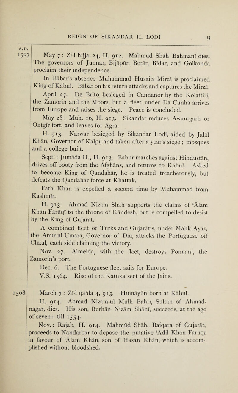 A.D. i5°7 May 7 : Zl-1 hijja 24, H. 912. Mahmud Shah BahmanI dies. The governors of Junnar, Bijapiir, Berar, Bldar, and Golkonda proclaim their independence. In Babar’s absence Muhammad Husain Mirza is proclaimed King of Kabul. Babar on his return attacks and captures the Mirza. April 27. De Brito besieged in Cannanor by the Kolattiri, the Zamorin and the Moors, but a fleet under Da Cunha arrives from Europe and raises the siege. Peace is concluded. May 28 : Muh. 16, H. 913. Sikandar reduces Awanfgarh or Ontglr fort, and leaves for Agra. H. 913. Narwar besieged by Sikandar Lodi, aided by Jalal Khan, Governor of KalpT, and taken after a year’s siege; mosques and a college built. Sept.: Jumada II., H. 913. Babur marches against Hindustan, drives off booty from the Afghans, and returns to Kabul. Asked to become King of Qandahar, he is treated treacherously, but defeats the Qandahar force at Khattak. Fath Khan is expelled a second time by Muhammad from Kashmir. H. 913. Ahmad Nizam Shah supports the claims of ‘Alam Khan Faruql to the throne of Kandesh, but is compelled to desist by the King of Gujarat. A combined fleet of Turks and Gujaratis, under Malik Ayaz, the Amlr-ul-Umara, Governor of Dlu, attacks the Portuguese off Chaul, each side claiming the victory. Nov. 27. Almeida, with the fleet, destroys Ponnani, the Zamorin’s port. Dec. 6. The Portuguese fleet sails for Europe. V.S. 1564. Rise of the Katuka sect of the Jains. 5°8 March 7 : Zi-1 qa‘da 4, 913. Humayun born at Kabul. H. 914. Ahmad Nizam-ul Mulk BahrT, Sultan of Ahmad- nagar, dies. His son, Burhan Nizam Shahl, succeeds, at the age of seven : till 1554. Nov.: Rajab, H. 914. Mahmud Shah, Baiqara of Gujarat, proceeds to Nandarbar to depose the putative ‘Add Khan Faruql in favour of ‘Alam Khan, son of Hasan Khan, which is accom¬ plished without bloodshed.