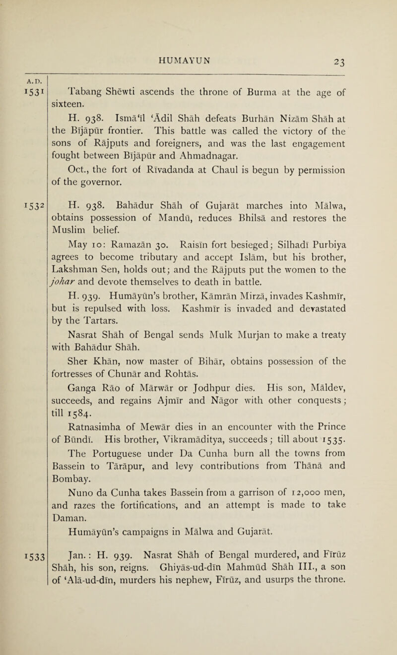 A. D. 1531 x532 15 33 Tabang Shewti ascends the throne of Burma at the age of sixteen. H. 938. Isma‘11 ‘Add Shah defeats Burhan Nizam Shah at the Bijapur frontier. This battle was called the victory of the sons of Rajputs and foreigners, and was the last engagement fought between Bijapur and Ahmadnagar. Oct., the fort of Rlvadanda at Chaul is begun by permission of the governor. H. 938. Bahadur Shah of Gujarat marches into Malwa, obtains possession of Mandu, reduces Bhilsa and restores the Muslim belief. May 10: Ramazan 30. Raisin fort besieged; Silhadi Purbiya agrees to become tributary and accept Islam, but his brother, Lakshman Sen, holds out; and the Rajputs put the women to the johar and devote themselves to death in battle. H. 939. Humayun’s brother, Kamran Mirza, invades Kashmir, but is repulsed with loss. Kashmir is invaded and devastated by the Tartars. Nasrat Shah of Bengal sends Mulk Murjan to make a treaty with Bahadur Shah. Sher Khan, now master of Bihar, obtains possession of the fortresses of Chunar and Rohtas. Ganga Rao of Marwar or Jodhpur dies. His son, Maldev, succeeds, and regains Ajmlr and Nagor with other conquests; till 1584. Ratnasimha of Mewar dies in an encounter with the Prince of Bundl. His brother, Vikramaditya, succeeds; till about 1535. The Portuguese under Da Cunha burn all the towns from Bassein to Tarapur, and levy contributions from Thana and Bombay. Nuno da Cunha takes Bassein from a garrison of 12,000 men, and razes the fortifications, and an attempt is made to take Daman. Humayiin’s campaigns in Malwa and Gujarat. Jan.: H. 939. Nasrat Shah of Bengal murdered, and Flrtlz Shah, his son, reigns. Ghiyas-ud-dln Mahmud Shah III., a son of ‘Ala-ud-din, murders his nephew, Firuz, and usurps the throne.