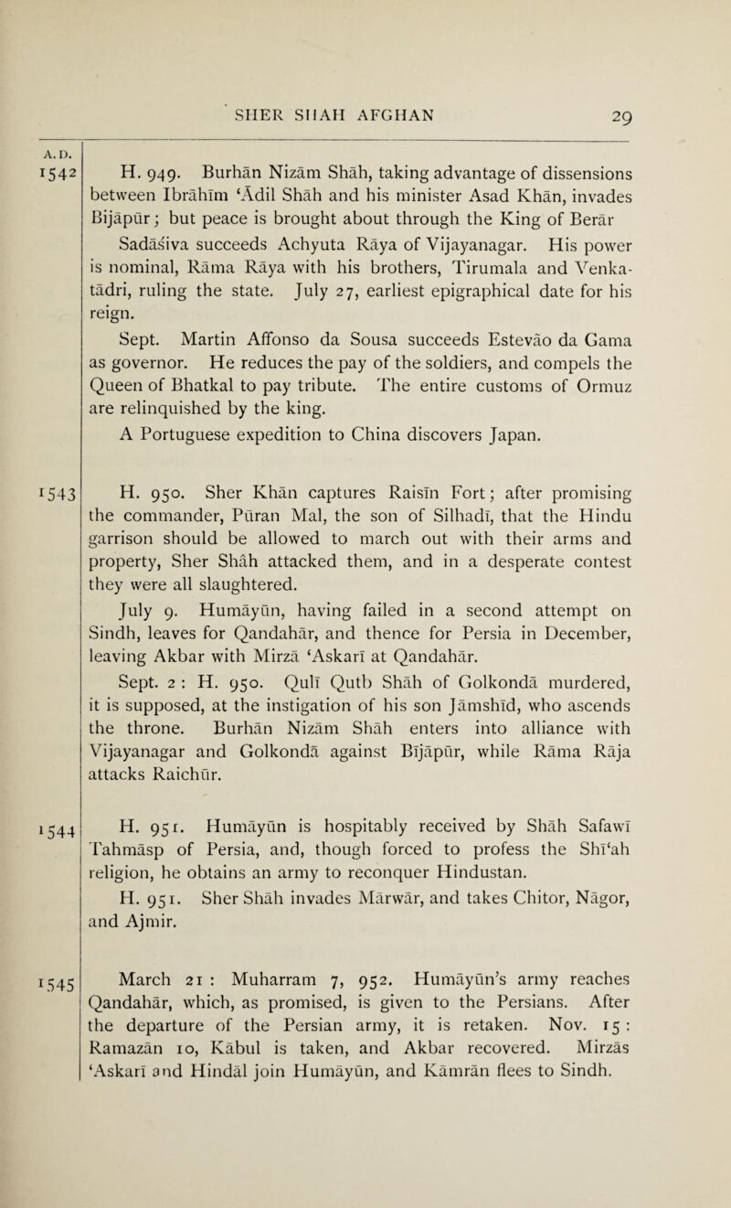 A. D. 1542 *543 1544 1545 SHER SIIAH AFGHAN 29 H. 949. Burhan Nizam Shah, taking advantage of dissensions between Ibrahim ‘Adil Shah and his minister Asad Khan, invades Bijapur; but peace is brought about through the King of Berar Sadas'iva succeeds Achyuta Raya of Vijayanagar. His power is nominal, Rama Raya with his brothers, Tirumala and Venka- tadri, ruling the state. July 27, earliest epigraphical date for his reign. Sept. Martin Affonso da Sousa succeeds Estevao da Gama as governor. He reduces the pay of the soldiers, and compels the Queen of Bhatkal to pay tribute. The entire customs of Ormuz are relinquished by the king. A Portuguese expedition to China discovers Japan. H. 950. Sher Khan captures Raisin Fort; after promising the commander, Puran Mai, the son of SilhadI, that the Hindu garrison should be allowed to march out with their arms and property, Sher Shah attacked them, and in a desperate contest they were all slaughtered. July 9. Humayun, having failed in a second attempt on Sindh, leaves for Qandahar, and thence for Persia in December, leaving Akbar with Mirza ‘Askarl at Qandahar. Sept. 2 : H. 950. Quit Qutb Shah of Golkonda murdered, it is supposed, at the instigation of his son Jamshld, who ascends the throne. Burhan Nizam Shah enters into alliance with Vijayanagar and Golkonda against Bijapur, while Rama Raja attacks Raichur. H. 951. Humayun is hospitably received by Shah Safawl Tahmasp of Persia, and, though forced to profess the Shl‘ah religion, he obtains an army to reconquer Hindustan. H. 951. Sher Shah invades Marwar, and takes Chitor, Nagor, and Ajmir. March 21 : Muharram 7, 952. Humayun’s army reaches Qandahar, which, as promised, is given to the Persians. After the departure of the Persian army, it is retaken. Nov. 15 : Ramazan 10, Kabul is taken, and Akbar recovered. Mirzas ‘Askarl and Hindal join Humayun, and Kamran flees to Sindh.