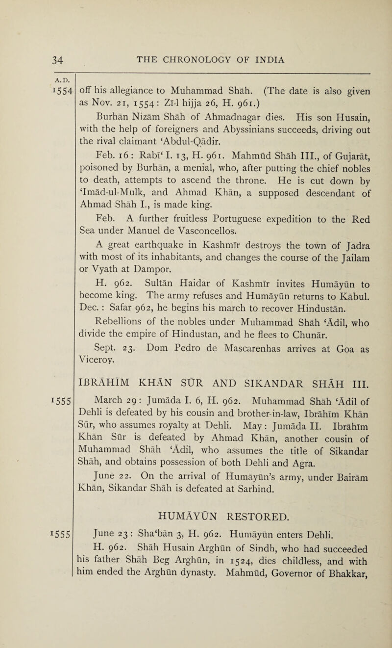 A. D. 1554 off his allegiance to Muhammad Shah. (The date is also given as Nov. 21, 1554: Zl-1 hijja 26, H. 961.) Burhan Nizam Shah of Ahmadnagar dies. His son Husain, with the help of foreigners and Abyssinians succeeds, driving out the rival claimant ‘Abdul-Qadir. Feb. 16 : Rabl‘ I. 13, H. 961. Mahmud Shah III., of Gujarat, poisoned by Burhan, a menial, who, after putting the chief nobles to death, attempts to ascend the throne. He is cut down by Tmad-ul-Mulk, and Ahmad Khan, a supposed descendant of Ahmad Shah I., is made king. Feb. A further fruitless Portuguese expedition to the Red Sea under Manuel de Vasconcellos. A great earthquake in Kashmir destroys the town of Jadra with most of its inhabitants, and changes the course of the Jailam or Vyath at Dampor. H. 962. Sultan Haidar of Kashmir invites Humayun to become king. The army refuses and Humayun returns to Kabul. Dec. : Safar 962, he begins his march to recover Hindustan. Rebellions of the nobles under Muhammad Shah ‘Adil, who divide the empire of Hindustan, and he flees to Chunar. Sept. 23. Dorn Pedro de Mascarenhas arrives at Goa as Viceroy. IBRAHIM KHAN SUR AND SIKANDAR SHAH III. 1555 March 29: Jumada I. 6, H. 962. Muhammad Shah ‘Adil of Dehli is defeated by his cousin and brother in-law, Ibrahim Khan Sur, who assumes royalty at Dehli. May : Jumada II. Ibrahim Khan Sur is defeated by Ahmad Khan, another cousin of Muhammad Shah ‘Adil, who assumes the title of Sikandar Shah, and obtains possession of both Dehli and Agra. June 22. On the arrival of Humayun’s army, under Bairam Khan, Sikandar Shah is defeated at Sarhind. HUMAYUN RESTORED. I555 June 23 : Sha‘ban 3, H. 962. Humayun enters Dehli. H. 962. Shah Husain Arghun of Sindh, who had succeeded his father Shah Beg Arghun, in 1524, dies childless, and with him ended the Arghun dynasty. Mahmud, Governor of Bhakkar,