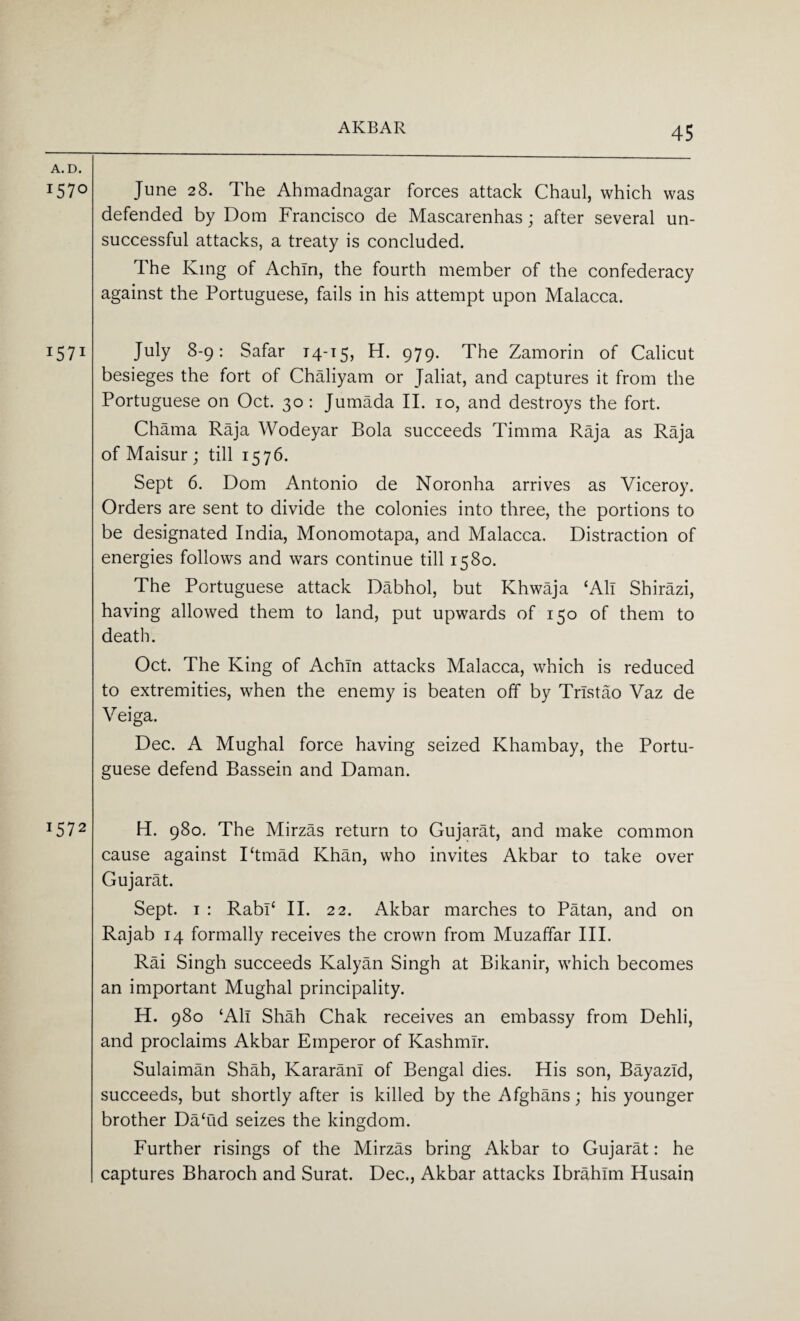 AICBAR A. D. 1570 1571 *5 72 June 28. The Ahmadnagar forces attack Chaul, which was defended by Dom Francisco de Mascarenhas; after several un¬ successful attacks, a treaty is concluded. The King of Achin, the fourth member of the confederacy against the Portuguese, fails in his attempt upon Malacca. July 8-9: Safar T4-T5, H. 979. The Zamorin of Calicut besieges the fort of Chaliyam or Jaliat, and captures it from the Portuguese on Oct. 30 : Jumada II. 10, and destroys the fort. Chama Raja Wodeyar Bola succeeds Timma Raja as Raja of Maisur ; till 1576. Sept 6. Dom Antonio de Noronha arrives as Viceroy. Orders are sent to divide the colonies into three, the portions to be designated India, Monomotapa, and Malacca. Distraction of energies follows and wars continue till 1580. The Portuguese attack Dabhol, but Khwaja ‘All Shirazi, having allowed them to land, put upwards of 150 of them to death. Oct. The King of Achln attacks Malacca, which is reduced to extremities, when the enemy is beaten off by Trlstao Vaz de Veiga. Dec. A Mughal force having seized Khambay, the Portu¬ guese defend Bassein and Daman. H. 980. The Mirzas return to Gujarat, and make common cause against Ttmad Khan, who invites Akbar to take over Gujarat. Sept. 1 : Rabl‘ II. 22. Akbar marches to Patan, and on Rajab 14 formally receives the crown from Muzaffar III. Rai Singh succeeds Kalyan Singh at Bikanir, which becomes an important Mughal principality. H. 980 ‘All Shah Chak receives an embassy from Dehli, and proclaims Akbar Emperor of Kashmir. Sulaiman Shah, KararanI of Bengal dies. His son, Bayazld, succeeds, but shortly after is killed by the Afghans; his younger brother Da‘ud seizes the kingdom. Further risings of the Mirzas bring Akbar to Gujarat: he captures Bharoch and Surat. Dec., Akbar attacks Ibrahim Husain