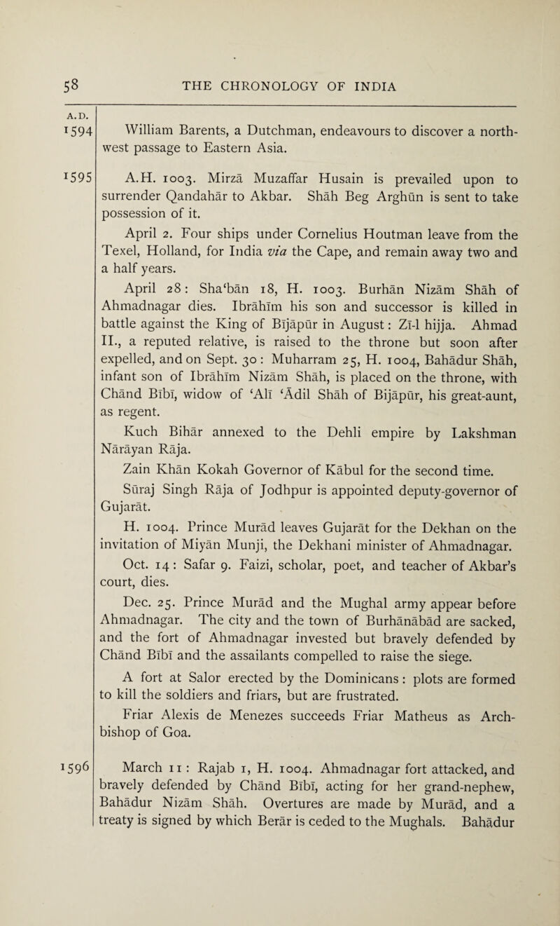 A. D. *594 1595 j596 William Barents, a Dutchman, endeavours to discover a north¬ west passage to Eastern Asia. A.H. 1003. Mirza Muzaffar Husain is prevailed upon to surrender Qandahar to Akbar. Shah Beg Arghun is sent to take possession of it. April 2. Four ships under Cornelius Houtman leave from the Texel, Holland, for India via the Cape, and remain away two and a half years. April 28: Sha£ban 18, H. 1003. Burhan Nizam Shah of Ahmadnagar dies. Ibrahim his son and successor is killed in battle against the King of Bijapur in August: Zi-1 hijja. Ahmad II., a reputed relative, is raised to the throne but soon after expelled, and on Sept. 30 : Muharram 25, H. 1004, Bahadur Shah, infant son of Ibrahim Nizam Shah, is placed on the throne, with Chand Bibi, widow of ‘All £Adil Shc4h of Bijapur, his great-aunt, as regent. Kuch Bihar annexed to the Dehli empire by Lakshman Narayan Raja. Zain Khan Kokah Governor of Kabul for the second time. Suraj Singh Raja of Jodhpur is appointed deputy-governor of Gujarat. H. 1004. Prince Murad leaves Gujarat for the Dekhan on the invitation of Miyan Munji, the Dekhani minister of Ahmadnagar. Oct. 14: Safar 9. Faizi, scholar, poet, and teacher of Akbar’s court, dies. Dec. 25. Prince Murad and the Mughal army appear before Ahmadnagar. The city and the town of Burhanabad are sacked, and the fort of Ahmadnagar invested but bravely defended by Chand Bibi and the assailants compelled to raise the siege. A fort at Salor erected by the Dominicans: plots are formed to kill the soldiers and friars, but are frustrated. Friar Alexis de Menezes succeeds Friar Matheus as Arch¬ bishop of Goa. March n : Rajab 1, H. 1004. Ahmadnagar fort attacked, and bravely defended by Chand Bibi, acting for her grand-nephew, Bahadur Nizam Shah. Overtures are made by Murad, and a treaty is signed by which Berar is ceded to the Mughals. Bahadur