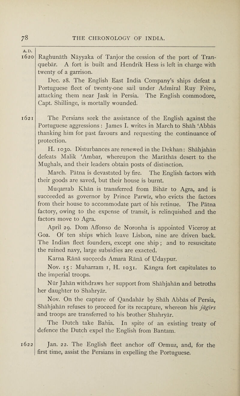 A.D. 1620 Raghunath Nayyaka of Tanjor the cession of the port of Tran- quebar. A fort is built and Hendrik Hess is left in charge with twenty of a garrison. Dec. 28. The English East India Company’s ships defeat a Portuguese fleet of twenty-one sail under Admiral Ruy Frere, attacking them near Jask in Persia. The English commodore, Capt. Shillinge, is mortally wounded. 1621 The Persians seek the assistance of the English against the Portuguese aggressions : James I. writes in March to Shah ‘Abbas thanking him for past favours and requesting the continuance of protection. H. 1030. Disturbances are renewed in the Dekhan: Shahjahan defeats Malik ‘Ambar, whereupon the Marathas desert to the Mughals, and their leaders obtain posts of distinction. March. Patna is devastated by fire. The English factors with their goods are saved, but their house is burnt. Muqarrab Khan is transferred from Bihar to Agra, and is succeeded as governor by Prince Parwlz, who evicts the factors from their house to accommodate part of his retinue. The Patna factory, owing to the expense of transit, is relinquished and the factors move to Agra. April 29. Dom Alfonso de Noronha is appointed Viceroy at Goa. Of ten ships which leave Lisbon, nine are driven back. The Indian fleet founders, except one ship; and to resuscitate the ruined navy, large subsidies are exacted. Kama Rana succeeds Amara Rana of Udaypur. Nov. 15: Muharram 1, H. 1031. Kangra fort capitulates to the imperial troops. Nur Jahan withdraws her support from Shahjahan and betroths her daughter to Shahryar. Nov. On the capture of Qandahar by Shah Abbas of Persia, Shahjahan refuses to proceed for its recapture, whereon his jagirs and troops are transferred to his brother Shahryar. The Dutch take Bahia. In spite of an existing treaty of defence the Dutch expel the English from Bantam. 1622 Jan. 22. The English fleet anchor off Ormuz, and, for the I first time, assist the Persians in expelling the Portuguese.