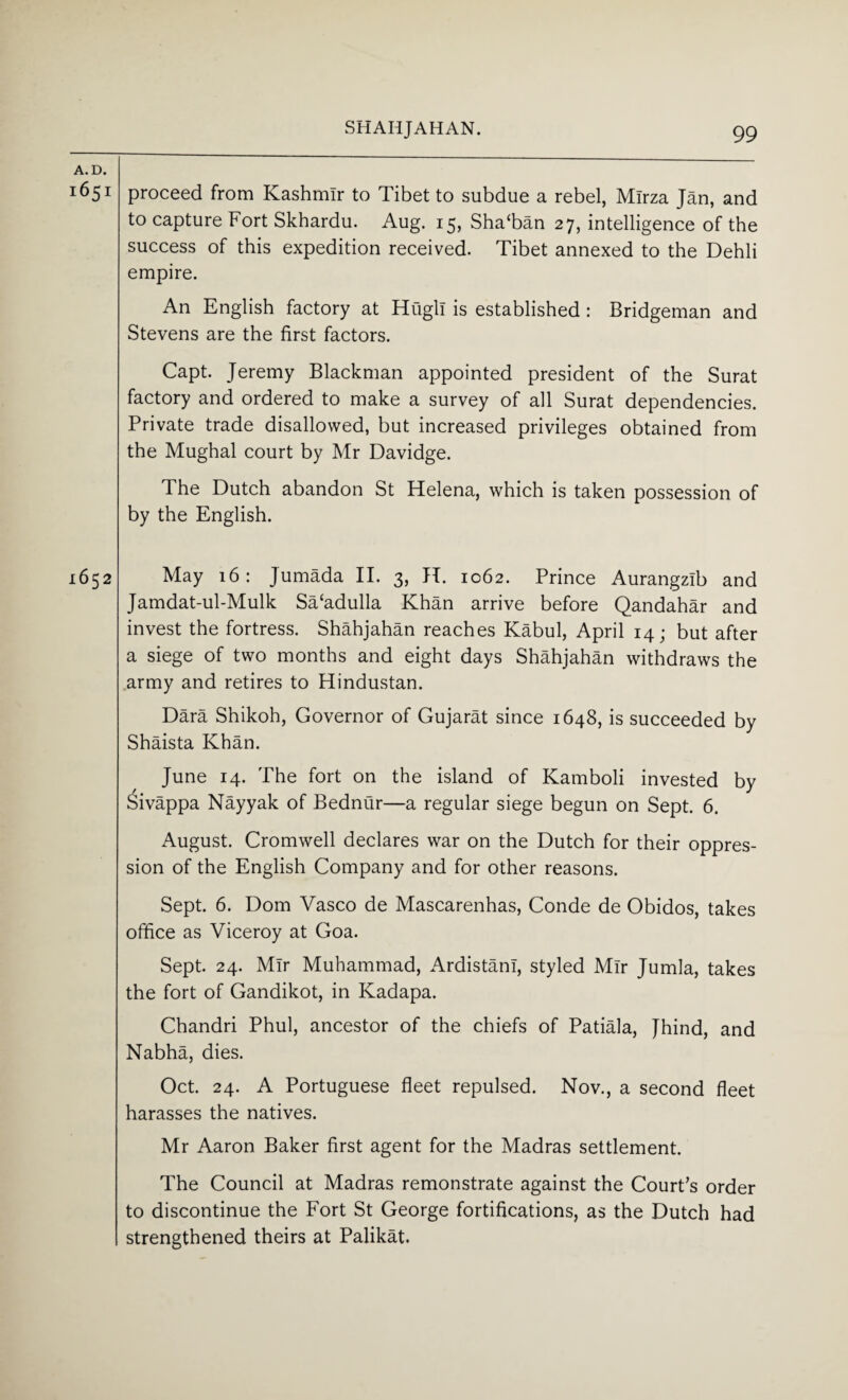 1651 proceed from Kashmir to Tibet to subdue a rebel, Mlrza Jan, and to capture Fort Skhardu. Aug. 15, Sha‘ban 27, intelligence of the success of this expedition received. Tibet annexed to the Dehli empire. An English factory at Hugh is established : Bridgeman and Stevens are the first factors. Capt. Jeremy Blackman appointed president of the Surat factory and ordered to make a survey of all Surat dependencies. Private trade disallowed, but increased privileges obtained from the Mughal court by Mr Davidge. The Dutch abandon St Helena, which is taken possession of by the English. 1652 May 16: Jumada II. 3, H. 1062. Prince Aurangzlb and Jamdat-ul-Mulk Sa‘adulla Khan arrive before Qandahar and invest the fortress. Shahjahan reaches Kabul, April 14; but after a siege of two months and eight days Shahjahan withdraws the army and retires to Hindustan. Dara Shikoh, Governor of Gujarat since 1648, is succeeded by Shaista Khan. June 14. The fort on the island of Kamboli invested by Sivappa Nayyak of Bednur—a regular siege begun on Sept. 6. August. Cromwell declares war on the Dutch for their oppres¬ sion of the English Company and for other reasons. Sept. 6. Dom Vasco de Mascarenhas, Conde de Obidos, takes office as Viceroy at Goa. Sept. 24. Mir Muhammad, ArdistanI, styled Mir Jumla, takes the fort of Gandikot, in Kadapa. Chandri Phul, ancestor of the chiefs of Patiala, Jhind, and Nabha, dies. Oct. 24. A Portuguese fleet repulsed. Nov., a second fleet harasses the natives. Mr Aaron Baker first agent for the Madras settlement. The Council at Madras remonstrate against the Court’s order to discontinue the Fort St George fortifications, as the Dutch had strengthened theirs at Palikat.