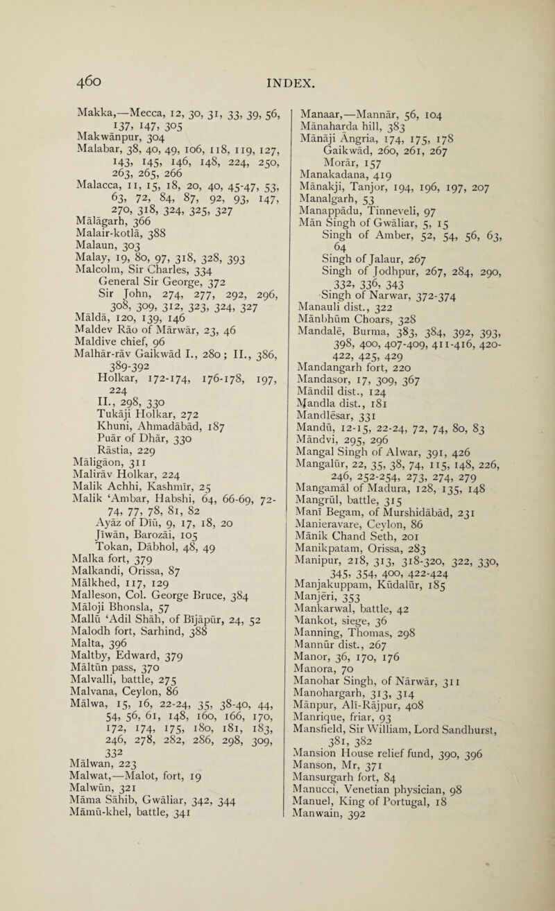 Makka,—Mecca, 12, 30, 31, 33, 39, 56, 137, 147, 305 Makwanpur, 304 Malabar, 38, 40, 49, 106, 118, 119, 127, :43, *45, h6, 148, 224, 250, 263, 265, 266 Malacca, II, 15, 18, 20, 40, 45-47, 53, 63, 72, 84, 87, 92, 93, 147, 270, 318, 324, 325, 327 Malagarh, 366 Malair-kotla, 388 Malaun, 303 Malay, 19, 80, 97, 318, 328, 393 Malcolm, Sir Charles, 334 General Sir George, 372 Sir John, 274, 277, 292, 296, 308, 309, 312, 323, 324, 327 Malda, 120, 139, 146 Maldev Rao of Marwar, 23, 46 Maidive chief, 96 Malhar-rav Gaikwad I., 280; II., 386, 389-392 Holkar, 172-174, 176-178, 197, 224 II., 298, 330 Tukaji Holkar, 272 Khuni, Ahmadabad, 187 Puar of Dhar, 330 Rastia, 229 Maligaon, 311 Malirav Holkar, 224 Malik Achhi, Kashmir, 25 Malik ‘Ambar, Habshi, 64, 66-69, 72_ 74, 77, 78, 81, 82 Ayaz of Dlu, 9, 17, 18, 20 Jlwan, Barozai, 105 Tokan, Dabhol, 48, 49 Malka fort, 379 Malkandi, Orissa, 87 Malkhed, 117, 129 Malleson, Col. George Bruce, 384 Maloji Bhonsla, 57 Mallu ‘Adil Shah, of Bijapur, 24, 52 Malodh fort, Sarhind, 388 Malta, 396 Maltby, Edward, 379 Maltun pass, 370 Malvalli, battle, 275 Malvana, Ceylon, 86 Malwa, 15, 16, 22-24, 35, 38-40, 44, 54, 56, 61, 148, 160, 166, 170, 172, 174, 175, 180, 181, 183, 246, 278, 282, 286, 298, 309, 332 Malwan, 223 Malwat,—Malot, fort, 19 Malwun, 321 Mama Sahib, Gwaliar, 342, 344 Mamu-khel, battle, 341 Manaar,—Mannar, 56, 104 Manaharda hill, 383 Manaji Angria, 174, 175, 178 Gaikwad, 260, 261, 267 Morar, 157 Manakadana, 419 Manakji, Tanjor, 194, 196, 197, 207 Manalgarh, 53 Manappadu, Tinneveli, 97 Man Singh of Gwaliar, 5, 15 Singh of Amber, 52, 54, 56, 63, 64 Singh of Jalaur, 267 Singh of Jodhpur, 267, 284, 290, .332, 336, 343 •Singh of Narwar, 372-374 Manauli dist., 322 Manbhum Choars, 328 Mandale, Burma, 383, 384, 392, 393, 398, 400, 407-409, 411-416, 420- 422, 425, 429 Mandangarh fort, 220 Mandasor, 17, 309, 367 Mandil dist., 124 Tvfandla dist., 181 Mandlesar, 331 Mandu, 12-15, 22-24, 72, 74, 80, 83 Mandvi, 295, 296 Mangal Singh of Alwar, 391, 426 Mangalur, 22, 35, 38, 74, 115, 148, 226, 246, 252-254, 273, 274, 279 Mangamal of Madura, 128, 135, 148 Mangrfil, battle, 315 Man! Begam, of Murshidabad, 231 Manieravare, Ceylon, 86 Manik Chand Seth, 201 Manikpatam, Orissa, 283 Manipur, 218, 313, 318-320, 322, 330, 345, 354, 400, 422-424 Manjakuppam, Kudalur, 185 Manjeri, 353 Mankarwal, battle, 42 Mankot, siege, 36 Manning, Thomas, 298 Mannur dist., 267 Manor, 36, 170, 176 Manora, 70 Manohar Singh, of Narwar, 311 Manohargarh, 313, 314 Manpur, All-Rajpur, 408 Manrique, friar, 93 Mansfield, Sir William, Lord Sandhurst, 381, 382 Mansion House relief fund, 390, 396 Manson, Mr, 371 Mansurgarh fort, 84 Manucci, Venetian physician, 98 Manuel, King of Portugal, 18 Man wain, 392