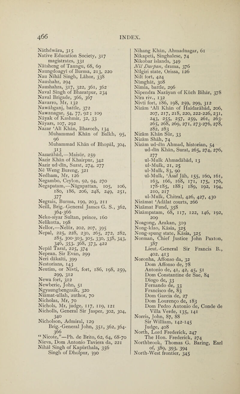 Nathdwara, 315 Native Education Society, 317 magistrates, 331 Natsheng of Taungu, 68, 69 Naungdoagyi of Burma, 213, 220 Nau Nihal Singh, Lahor, 338 Naushahr, 294 Naushahra, 317, 322, 361, 362 Naval Singh of Bharatpur, 234 Naval Brigade, 366, 367 Navarro, Mr, 132 Nawabganj, battle, 372 Nawanagar, 54, 77, 92 ; 109 Nayak of Kashmir, 32, 33 Nayars, 107, 292 Nazar ‘All Khan, Bharoch, 134 Muhammad Khan of Balkh, 95, 96 Muhammad Khan of Bhopal, 304, 313 Nazarabad,—Maisur, 259 Nazir Khan of Khairpur, 342 Nazir ud-din, Surat, 274, 277 Ne Weng Bureng, 321 Nedham, Mr, 126 Negambo, Ceylon, 92, 94, 270 Negapatam,—Nagapattan, 105, 106, 180, 186, 206, 248, 249, 251, .377 Negrais, Burma, 199, 203, 211 Neill, Brig.-General James G. S., 362, 364-366 Neko-siyar Sultan, prince, 160 Nelikotta, 198 Nellor,—Nelur, 202, 207, 395 Nepal, 225, 228, 230, 265, 272, 282, 285, 300-303, 305, 330, 338, 343, 346, 353* 368, 373. 422 Nepal Tarai, 225, 374 Nepean. Sir Evan, 299 Neri dakalti, 399 Nestorians, 143 Neutim, or Nivti, fort, 186, 198, 259, 299, 312 Newa fort, 312 Newberie, John, 51 Ngyaungbengzaik, 320 Niamat-ullah, author, 70 Nicholas, Mr, 70 Nichols, Mr, judge, 117, 119, 121 Nicholls, General Sir Jasper, 302, 304, 340 Nicholson, Admiral, 129 Brig.-General John, 351, 362, 364- 366 “Nicote,”—Ph. de Brito, 62, 64, 68-70 Nieva, Dom Antonio Taviera da, 221 Nihal Singh of Kapiirthala, 356 Singh of Dholpur, 390 Nihang Khan, Ahmadnagar, 61 Nikapeti, Singhalese, 74 Nikobar islands, 349 Nil Darpan, drama, 376 Nllgiri state, Orissa, 126 Nilt fort, 424 Nimghat, 308 Nimla, battle, 296 Nipendra Narayan of Kuch Bihar, 378 Nlra riv., 132 Nivti fort, 186, 198, 259, 299, 312 Nizam ‘All Khan of Haidarabad, 206, 207, 217, 218, 220, 222-226, 231, 243, 255, 257, 259, 261, 263- 265, 268, 269, 271, 273-276, 278, 282, 283 Nizam Khan Sur, 33 Nizam Shah, 74 Nizam ud-din Ahmad, historian, 54 ud-din Khan, Surat, 265, 274, 276, 2 77 ul-Mulk Ahmadabad, 13 ul-Mulk, 21, 25 ul-Mulk, 83, 90 ul-Mulk, ‘Asaf Jah, 155, 160, 161, 163, 166, 168, 171, 175, 176, 178-185, 188; 189, 192, 194, 210, 217 ul-Mulk, Chitral, 426, 427, 430 Nizamat ‘Adalat courts, 266 Nizamat Fund, 358 Nizampatam, 68, 117, 122, 146, 192, 209 Noagong, Arakan, 319 Nong-klao, Kasia, 325 Nong-spung state, Kasia, 325 Norman, Chief Justice John Paxton, .387 Lieut.-General Sir Francis B., 402, 413 Noronha, Affonso da, 32 Dom Affonso de, 78 Antonio de, 41, 42, 45, 51 Dom Constantine de Sae, 84 Diogo de, 33 Fernando de, 33 Francisco de, 83 Dom Garcia de, 27 Dom Louren9o de, 183 Dom Pedro Antonio de, Conde de Villa Verde, 135, 141 Norris, John, 87, 88 Sir William, 142-145 Judge, 408 North, Lord Frederick, 247 The Hon. Frederick, 274 Northbrook, Thomas G. Baring, Earl of. 389. 393. 394 North-West frontier, 345