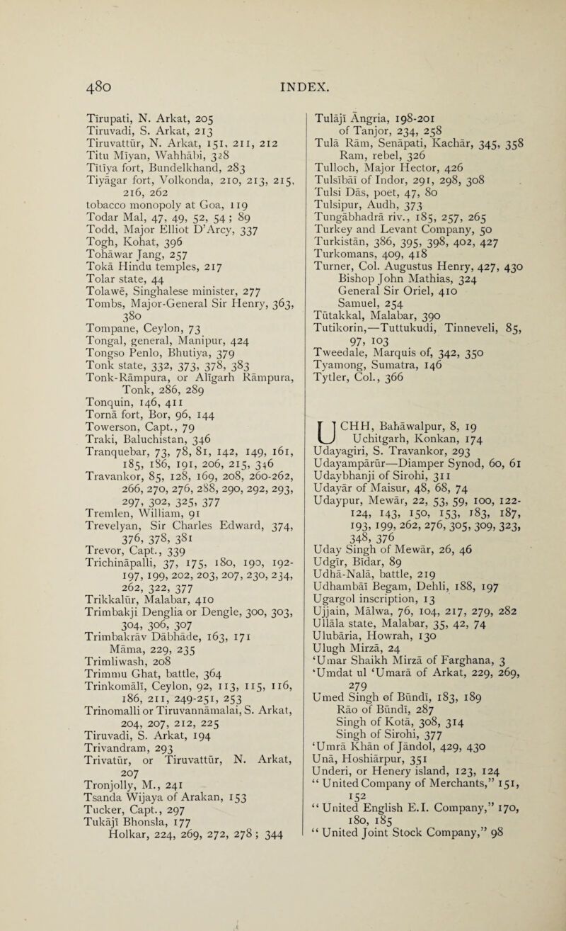 Tirupati, N. Arkat, 205 Tiruvadi, S. Arkat, 213 Tiruvattur, N. Arkat, 151, 211, 212 Titu Mlyan, Wahhabi, 328 Titlya fort, Bundelkhand, 283 Tiyagar fort, Volkonda, 210, 213, 215, 216, 262 tobacco monopoly at Goa, 119 Todar Mai, 47, 49, 52, 54 ; 89 Todd, Major Elliot D’Arcy, 337 Togh, Kohat, 396 Tohawar Jang, 257 Toka Hindu temples, 217 Tolar state, 44 Tolawe, Singhalese minister, 277 Tombs, Major-General Sir Henry, 363, 380 Tompane, Ceylon, 73 Tongal, general, Manipur, 424 Tongso Penlo, Bhutiya, 379 Tonk state, 332, 373, 378, 383 Tonk-Rampura, or Aligarh Rampura, Tonk, 286, 289 Tonquin, 146, 411 Torna fort, Bor, 96, 144 Towerson, Capt., 79 Traki, Baluchistan, 346 Tranquebar, 73, 78, 81, 142, 149, 161, 185, 1S6, 191, 206, 215, 346 Travankor, 85, 128, 169, 208, 260-262, 266, 270, 276, 288, 290, 292, 293, 297, 302, 325, 377 Tremlen, William, 91 Trevelyan, Sir Charles Edward, 374, 376, 378, 381 Trevor, Capt., 339 Trichinapalli, 37, 175, 180, 190, 192- 197, 199, 202, 203, 207, 230, 234, 262, 322, 377 Trikkalur, Malabar, 410 Trimbakji Denglia or Dengle, 300, 303, 304, 306, 307 Trimbakrav Dabhade, 163, 171 Mama, 229, 235 Trimliwash, 208 Trimmu Ghat, battle, 364 Trinkomali, Ceylon, 92, 113, 115, 116, 186, 211, 249-251, 253 Trinomalli or Tiruvannamalai, S. Arkat, 204, 207, 212, 225 Tiruvadi, S. Arkat, 194 Trivandram, 293 Trivatur, or Tiruvattur, N. Arkat, 207 Tronjolly, M., 241 Tsanda Wijaya of Arakan, 153 Tucker, Capt., 297 TukajI Bhonsla, 177 Holkar, 224, 269, 272, 278 ; 344 TulajI Angria, 198-201 of Tanjor, 234, 258 Tula Ram, Senapati, Kachar, 345, 358 Ram, rebel, 326 Tulloch, Major Hector, 426 Tulsibai of Indor, 29 r, 298, 308 Tulsi Das, poet, 47, 80 Tulsipur, Audh, 373 Tungabhadra riv., 185, 257, 265 Turkey and Levant Company, 50 Turkistan, 386, 395, 398, 402, 427 Turkomans, 409, 418 Turner, Col. Augustus Henry, 427, 430 Bishop John Mathias, 324 General Sir Oriel, 410 Samuel, 254 Tutakkal, Malabar, 390 Tutikorin,—Tuttukudi, Tinneveli, 85, 97, 103 Tweedale, Marquis of, 342, 350 Tyamong, Sumatra, 146 Tytler, Col., 366 UCHH, Bahawalpur, 8, 19 Uchitgarh, Ivonkan, 174 Udayagiri, S. Travankor, 293 Udayamparur—Diamper Synod, 60, 61 Udaybhanji of Sirohi, 311 Udayar of Maisur, 48, 68, 74 Udaypur, Mewar, 22, 53, 59, 100, 122- 124, 143, 150, 153, 183, 187, 193, 199, 262, 276, 305, 309, 323, 348, 376 Uday Singh of Mewar, 26, 46 Udgir, Bidar, 89 Udha-Nala, battle, 219 Udhambal Begam, Dehli, 188, 197 Ugargol inscription, 13 Ujjain, Malwa, 76, 104, 217, 279, 282 Ullala state, Malabar, 35, 42, 74 Ulubaria, Howrah, 130 Ulugh Mirza, 24 ‘Umar Shaikh Mirza of Farghana, 3 ‘Umdat ul ‘Umara of Arkat, 229, 269, 279 Umed Singh of Bundl, 183, 189 Rao of Bundl, 287 Singh of Kota, 308, 314 Singh of Sirohi, 377 ‘Umra Khan of Jandol, 429, 430 Una, Hoshiarpur, 351 Underi, or Henery island, 123, 124 “ United Company of Merchants,” 151, I52 “ United English E.I. Company,” 170, 180, 185 “ United Joint Stock Company,” 98