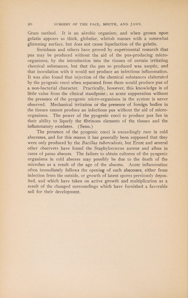Gram method. It is an aerobic organism, and when grown upon gelatin appears as thick, globular, whitish masses with a somewhat glistening surface, but does not cause liquefaction of the gelatin. Steinhaus and others have proved by experimental research that pus may be produced without the aid of the pus-producing micro¬ organisms, by the introduction into the tissues of certain irritating chemical substances, but that the pus so produced was aseptic, and that inoculation with it would not produce an infectious inflammation. It was also found that injection of the chemical substances elaborated by the pyogenic cocci when separated from them would produce pus of a non-bacterial character. Practically, however, this knowledge is of little value from the clinical standpoint; as acute suppuration without the presence of the pyogenic micro-organisms in the system is never observed. Mechanical irritation or the presence of foreign bodies in the tissues cannot produce an infectious pus without the' aid of micro¬ organisms. The power of the pyogenic cocci to produce pus lies in their ability to liquefy the fibrinous elements of the tissues and the inflammatory exudates. (Senn.) The presence of the pyogenic cocci is exceedingly rare in cold abscesses, and for this reason it has generally been supposed that they were only produced by the Bacillus tuberculosis, but Ernst and several other observers have found the Staphylococcus aureus and albus in cases of psoas abscess. The failure to obtain cultures of the pyogenic organisms in cold abscess may possibly be due to the death of the microbes as a result of the age of the absce'ss. Acute inflammation often immediately follows the opening of such abscesses, either from infection from the outside, or growth of latent spores previously depos¬ ited, and which have taken on active growth and multiplication as a result of the changed surroundings which have furnished a favorable soil for their development.