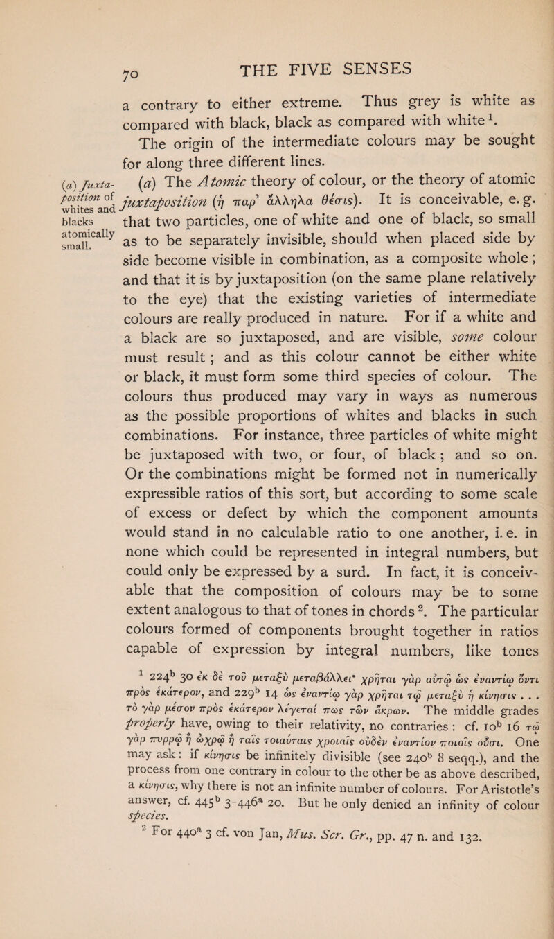 {a) Juxta¬ position of whites and blacks atomically small. a contrary to either extreme. Thus grey is white as compared with black, black as compared with white1. The origin of the intermediate colours may be sought for along three different lines. (a) The Atomic theory of colour, or the theory of atomic juxtaposition (fj nap’ a\kr]Xa Oeais). It is conceivable, e. g. that two particles, one of white and one of black, so small as to be separately invisible, should when placed side by side become visible in combination, as a composite whole; and that it is by juxtaposition (on the same plane relatively to the eye) that the existing varieties of intermediate colours are really produced in nature. For if a white and a black are so juxtaposed, and are visible, some colour must result ; and as this colour cannot be either white or black, it must form some third species of colour. The colours thus produced may vary in ways as numerous as the possible proportions of whites and blacks in such combinations. For instance, three particles of white might be juxtaposed with two, or four, of black ; and so on. Or the combinations might be formed not in numerically expressible ratios of this sort, but according to some scale of excess or defect by which the component amounts would stand in no calculable ratio to one another, i, e. in none which could be represented in integral numbers, but could only be expressed by a surd. In fact, it is conceiv¬ able that the composition of colours may be to some extent analogous to that of tones in chords 2. The particular colours formed of components brought together in ratios capable of expression by integral numbers, like tones 224k 3° T°v pera^v ptTa&aWeL' xprjrat ycip avrco cos ivavriep gvtl irpos eKarepov, and 22J 14 (OS evavrcco yap ^pr/rat tg> pera^v rj KLvrjcris . . . to yap peerov npos eKcirepov \eyerai ncos tcov dicpcov. The middle grades properly have, owing to their relativity, no contraries : cf. iob 16 rep yap 7rvppco ij cop^pco r) rat? rotavrats \potals ovdtv ivavriov iroiais overt. One may ask: if Kivijerts be infinitely divisible (see 240^ 8 seqq.), and the process from one contrary in colour to the other be as above described, a Kivrjcns, why there is not an infinite number of colours. For Aristotle’s answer, cf. 445b 3~446a 20. But he only denied an infinity of colour species. 2 ^or 44°a 3 cf- von Jan, Mus. Scr. Gr., pp. 47 n. and 132.