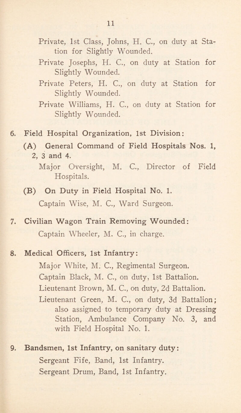 Private, 1st Class, Johns, H. C., on duty at Sta¬ tion for Slightly Wounded. Private Josephs, H. C., on duty at Station for Slightly Wounded. Private Peters, H. C., on duty at Station for Slightly Wounded. Private Williams, H. C., on duty at Station for Slightly Wounded. 6. Field Hospital Organization, 1st Division: (A) General Command of Field Hospitals Nos. 1, 2, 3 and 4. Major Oversight, M. C., Director of Field Hospitals. (B) On Duty in Field Hospital No. 1. Captain Wise, M. C., Ward Surgeon. 7. Civilian Wagon Train Removing Wounded: Captain Wheeler, M. C., in charge. 8. Medical Officers, 1st Infantry: Major White, M. C., Regimental Surgeon. Captain Black, M. C., on duty, 1st Battalion. Lieutenant Brown, M. C., on duty, 2d Battalion. Lieutenant Green, M. C., on duty, 3d Battalion; also assigned to temporary duty at Dressing Station, Ambulance Company No. 3, and with Field Plospital No. 1. 9. Bandsmen, 1st Infantry, on sanitary duty: Sergeant Fife, Band, 1st Infantry. Sergeant Drum, Band, 1st Infantry.