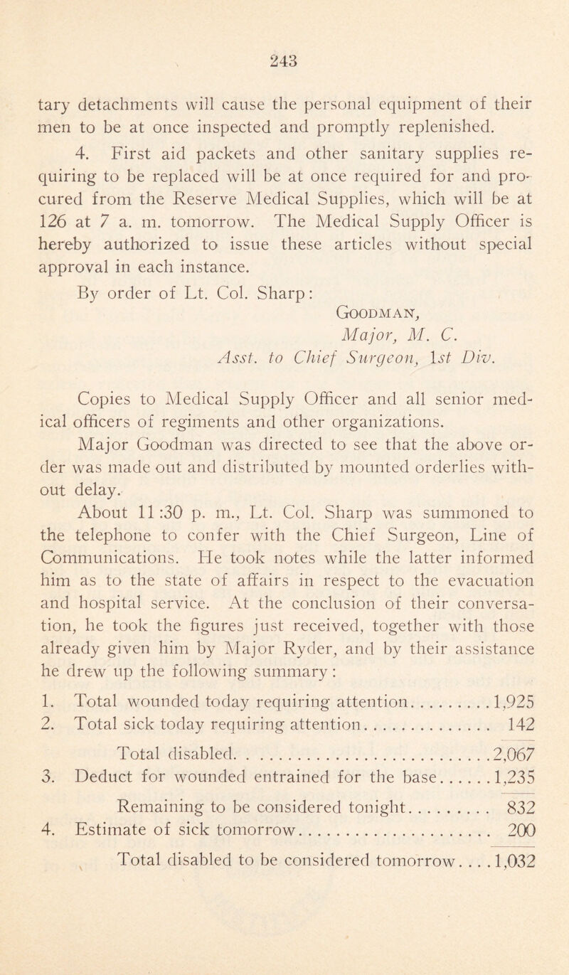 tary detachments will cause the personal equipment of their men to be at once inspected and promptly replenished. 4. First aid packets and other sanitary supplies re¬ quiring to be replaced will be at once required for and pro¬ cured from the Reserve Medical Supplies, which will be at 126 at 7 a. m. tomorrow. The Medical Supply Officer is hereby authorized to issue these articles without special approval in each instance. By order of Lt. Col. Sharp: Goodman, Major, M. C. Asst, to Chief Surgeon, 1st Div. Copies to Medical Supply Officer and all senior med¬ ical officers of regiments and other organizations. Major Goodman was directed to see that the above or¬ der was made out and distributed by mounted orderlies with¬ out delay. About 11:30 p. m., Lt. Col. Sharp was summoned to the telephone to confer with the Chief Surgeon, Line of Communications. He took notes while the latter informed him as to- the state of affairs in respect to the evacuation and hospital service. At the conclusion of their conversa¬ tion, he took the figures just received, together with those already given him by Major Ryder, and by their assistance he drew up the following summary: 1. Total wounded today requiring attention.1,925 2. Total sick today requiring attention. 142 Total disabled.2,067 3. Deduct for wounded entrained for the base.1,235 Remaining to be considered tonight. 832 4. Estimate of sick tomorrow. 200 Total disabled to be considered tomorrow. . . .1,032