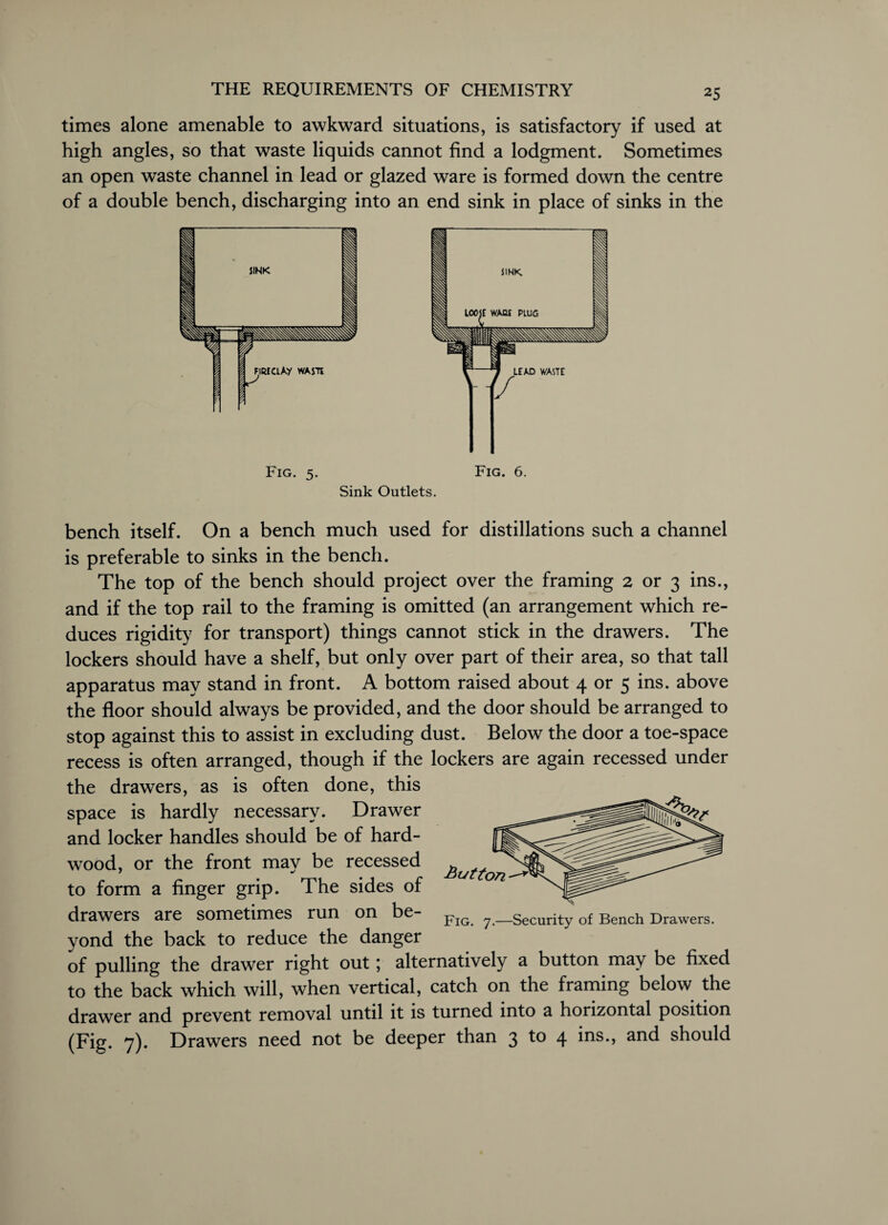 times alone amenable to awkward situations, is satisfactory if used at high angles, so that waste liquids cannot find a lodgment. Sometimes an open waste channel in lead or glazed ware is formed down the centre of a double bench, discharging into an end sink in place of sinks in the Fig. 5. Sink Outlets. Fig. 6. bench itself. On a bench much used for distillations such a channel is preferable to sinks in the bench. The top of the bench should project over the framing 2 or 3 ins., and if the top rail to the framing is omitted (an arrangement which re¬ duces rigidity for transport) things cannot stick in the drawers. The lockers should have a shelf, but only over part of their area, so that tall apparatus may stand in front. A bottom raised about 4 or 5 ins. above the floor should always be provided, and the door should be arranged to stop against this to assist in excluding dust. Below the door a toe-space recess is often arranged, though if the lockers are again recessed under the drawers, as is often done, this space is hardly necessary. Drawer and locker handles should be of hard¬ wood, or the front mav be recessed to form a finger grip. The sides of drawers are sometimes run on be¬ yond the back to reduce the danger of pulling the drawer right out; alternatively a button may be fixed to the back which will, when vertical, catch on the framing below the drawer and prevent removal until it is turned into a horizontal position (Fig. 7). Drawers need not be deeper than 3 to 4 ins., and should Fig. 7.—Security of Bench Drawers.