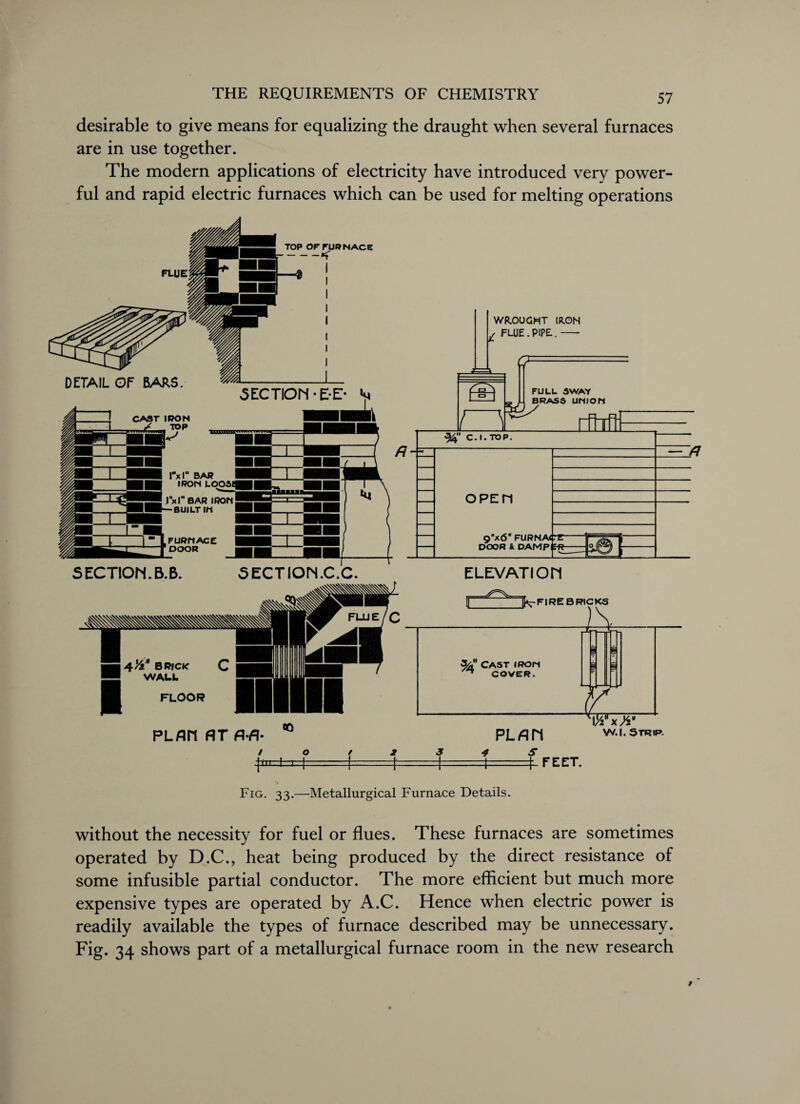 desirable to give means for equalizing the draught when several furnaces are in use together. The modern applications of electricity have introduced very power¬ ful and rapid electric furnaces which can be used for melting operations TOP OFFUffNACE -< DETAIL OF BARS CAST I PON ✓ TOP section-e-e:- m l-xl- BAR IRON LOOSl JV1“ BAR IRON BUILT IN FURNACE DOOR SECTION.B.B. 5ECTION.C.C. ELEVATION t FEET. Fig. 33.—Metallurgical Furnace Details. without the necessity for fuel or flues. These furnaces are sometimes operated by D.C., heat being produced by the direct resistance of some infusible partial conductor. The more efficient but much more expensive types are operated by A.C. Hence when electric power is readily available the types of furnace described may be unnecessary. Fig. 34 shows part of a metallurgical furnace room in the new research