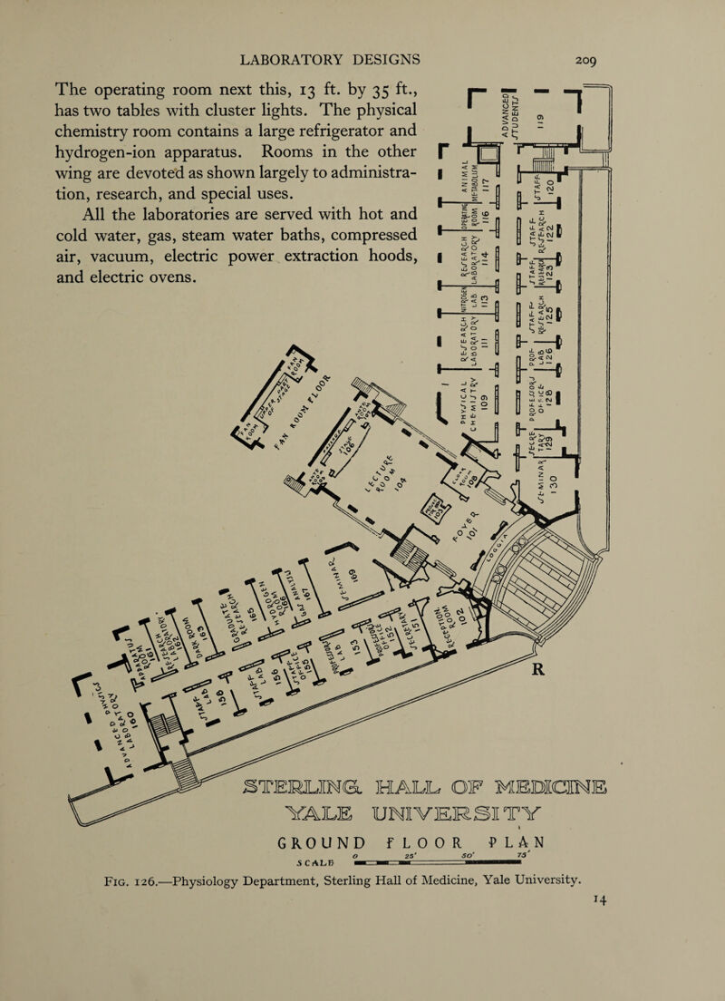 The operating room next this, 13 ft. by 35 ft., has two tables with cluster lights. The physical chemistry room contains a large refrigerator and hydrogen-ion apparatus. Rooms in the other wing are devoted as shown largely to administra¬ tion, research, and special uses. All the laboratories are served with hot and cold water, gas, steam water baths, compressed air, vacuum, electric power extraction hoods, and electric ovens. 1 IQ r i S ui, TLi r STERLING. HALL, OF MEDICINE YALE UNIVERSITY GROUND FLOOR PLAN O 25' SO' 7S' SC ALE Fig. 126.—Physiology Department, Sterling Hall of Medicine, Yale University.