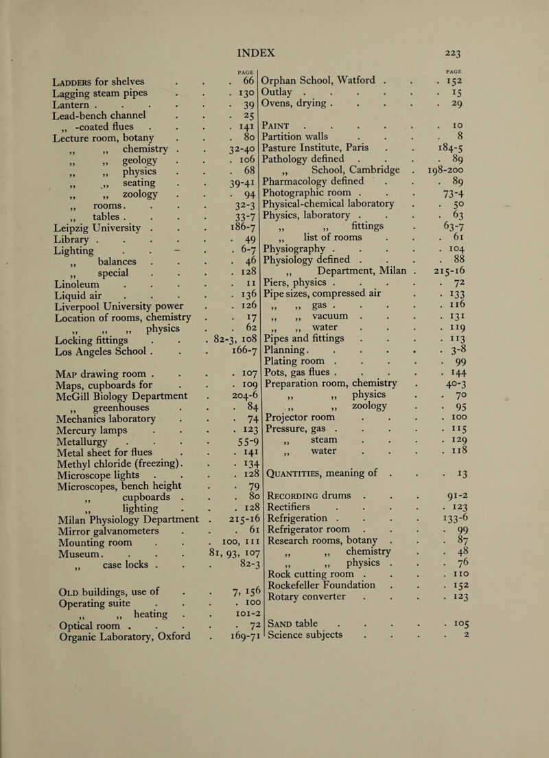 Ladders for shelves PAGE 66 Lagging steam pipes . 130 Lantern .... • 39 Lead-bench channel • 25 ,, -coated flues . 141 Lecture room, botany . 80 „ ,, chemistry . 32-40 „ „ geology . 106 „ „ physics . 68 „ seating 39-41 „ „ zoology . 94 ,, rooms. 32-3 ,, tables . 33-7 Leipzig University . 186-7 Library .... • 49 Lighting . . - . 6-7 ,, balances . 46 „ special . 128 Linoleum 11 Liquid air . 136 Liverpool University power . 126 Location of rooms, chemistry . 17 „ ... „ physics . 62 Locking fittings . 82-3, 108 Los Angeles School . 166-7 Map drawing room . . 107 Maps, cupboards for . 109 McGill Biology Department 204-6 ,, greenhouses . 84 Mechanics laboratory • 74 Mercury lamps . 123 Metallurgy 55-9 Metal sheet for flues . 141 Methyl chloride (freezing). • i34 Microscope lights . 128 Microscopes, bench height . 79 ,, cupboards . . . 80 „ lighting . . 128 Milan Physiology Department 215-16 Mirror galvanometers . 61 Mounting room . 100, hi Museum.... 81, 93, 107 ,, case locks . 82-3 Old buildings, use of 7> i56 Operating suite . 100 „ heating . 101-2 Optical room . . 72 Organic Laboratory, Oxford 169-71 Orphan School, Watford . Outlay . Ovens, drying . Paint Partition walls Pasture Institute, Paris Pathology defined ,, School, Cambridge Pharmacology defined Photographic room . Physical-chemical laboratory Physics, laboratory . „ ,, fittings ,, list of rooms Physiography . Physiology defined . ,, Department, IV Piers, physics . Pipe sizes, compressed air gas . vacuum . yy yy yy ilan water Pipes and fittings Planning. Plating room . Pots, gas flues . Preparation room, chemistry physics zoology Projector room Pressure, gas . steam water yy yy yy yy yy Quantities, meaning of Recording drums . Rectifiers Refrigeration . Refrigerator room Research rooms, botany „ „ chemistry „ „ physics Rock cutting room . Rockefeller Foundation Rotary converter Sand table Science subjects PAGE . 152 • lS • 29 10 . 8 184-5 . 89 198-200 . 89 73-4 • 5° • 63 63-7 . 61 . 104 . 88 215-16 • 72 • 133 . 116 • 131 . 119 • 113 • 38 • 99 • H4 4°-3 • 7o • 95 . 100 • TI5 . 129 . 118 *3 91-2 . 123 J33-6 • 99 . 87 • 48 • 76 . no • !52 • 123 . 105